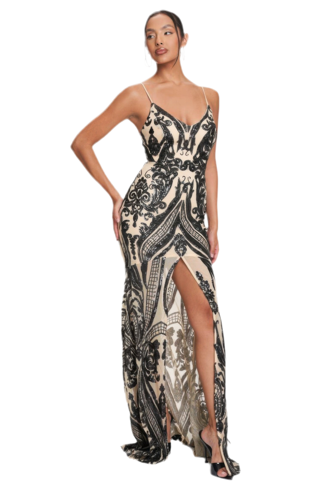 Spaghetti Strap Art Deco Sequins Maxi Dress