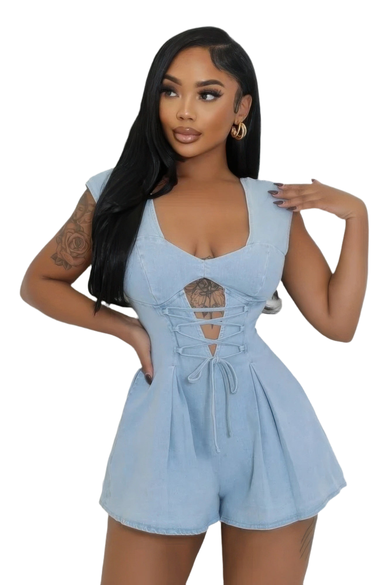 Denim, V-neck Stretch Romper