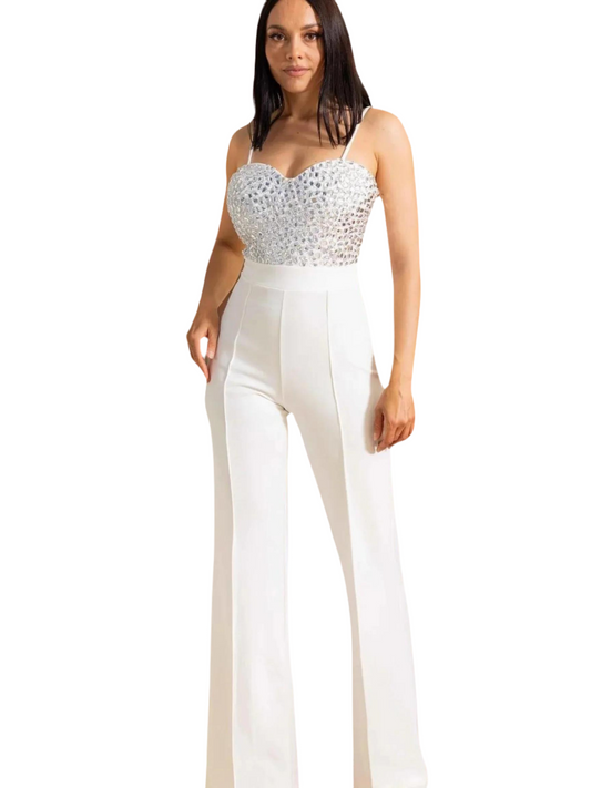 Jewel Sewn Detailed Top Fashion Jumpsuit