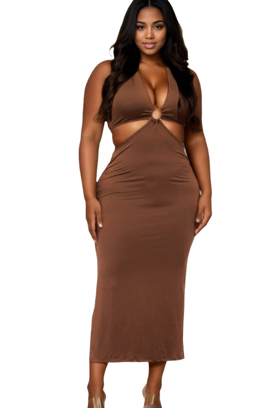 Plus Size Cut-out Halter Neck Double Back Tie Split Thigh Midi Dress ~ 6 Colors