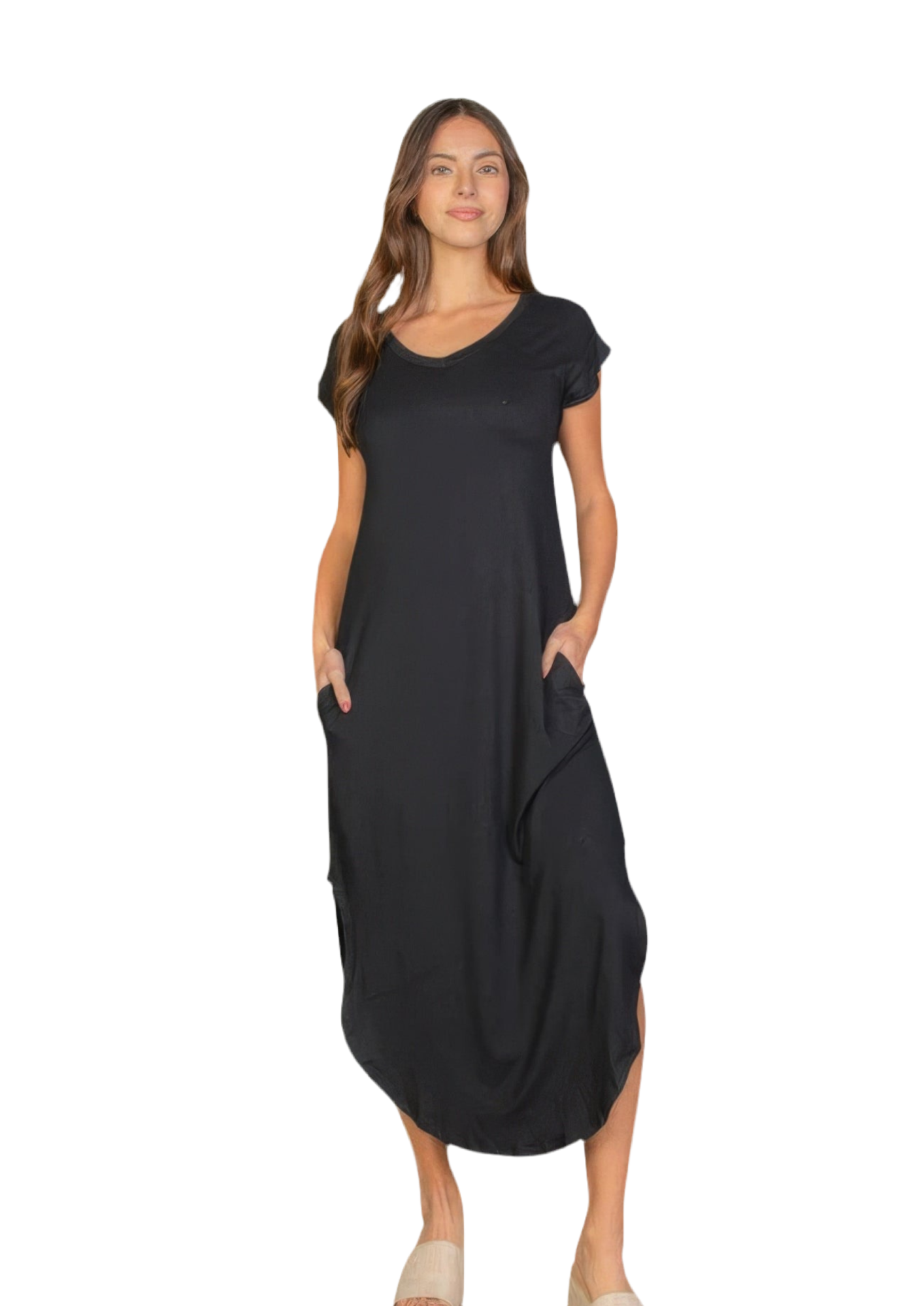 Hidden Pocket Batwing Sleeve V Neck Long Dress