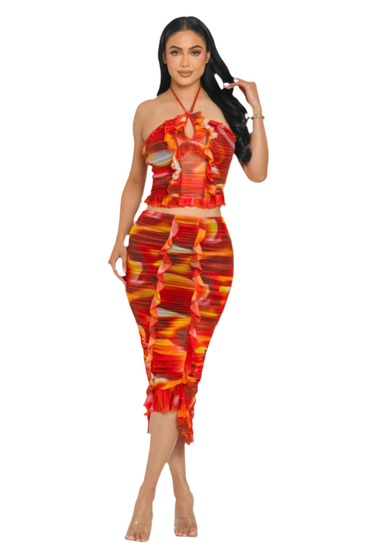 Tropical Waters Print Mesh Ruffle Halter Skirt Set ~ 2 Colors