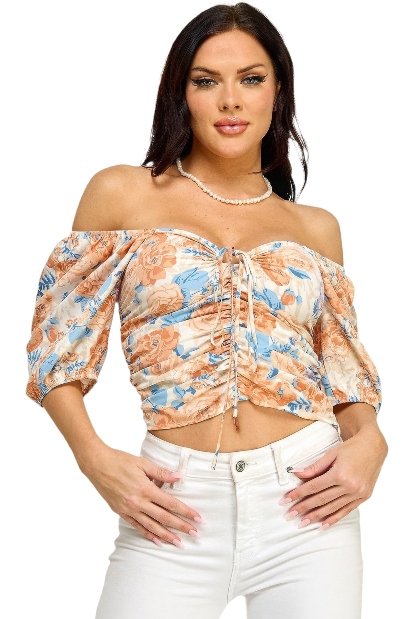 Floral Print Lace Up Ruched Crop Top ~ 2 Colors