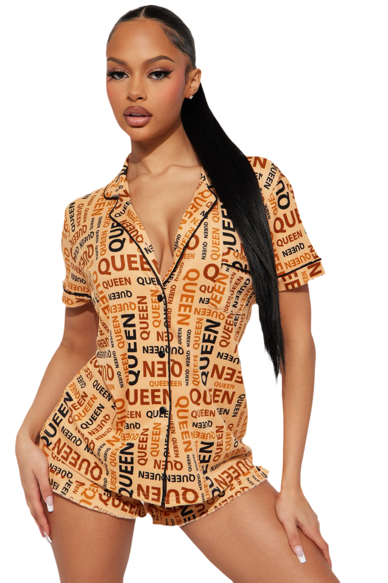 Queen Thangs PJ Short Set - Brown