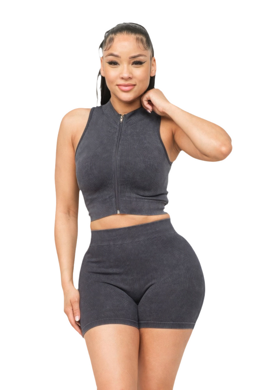 Washed Seamless Zipper Top And Shorts Set ~ 3 Colors