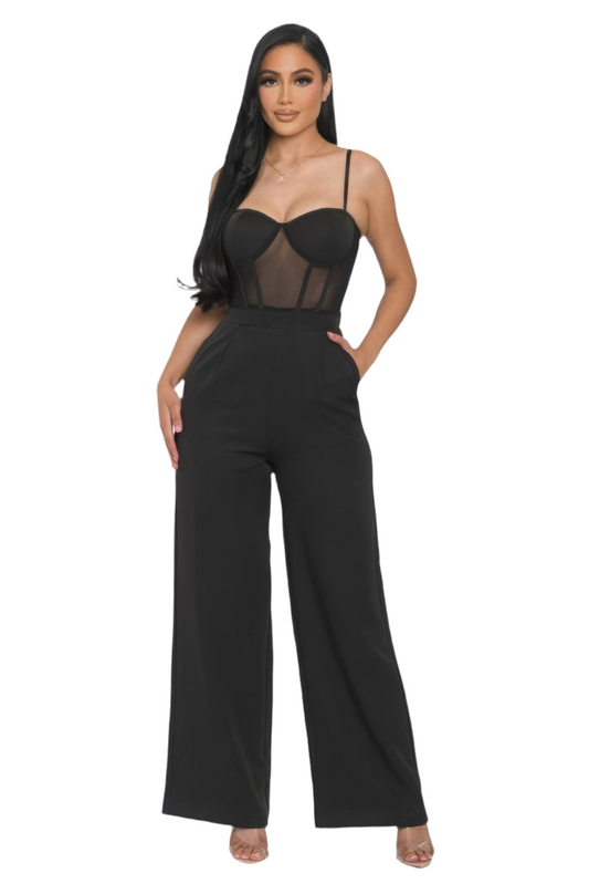 Mesh Insert Cup Wide Leg Jumpsuit ~ 2 Colors