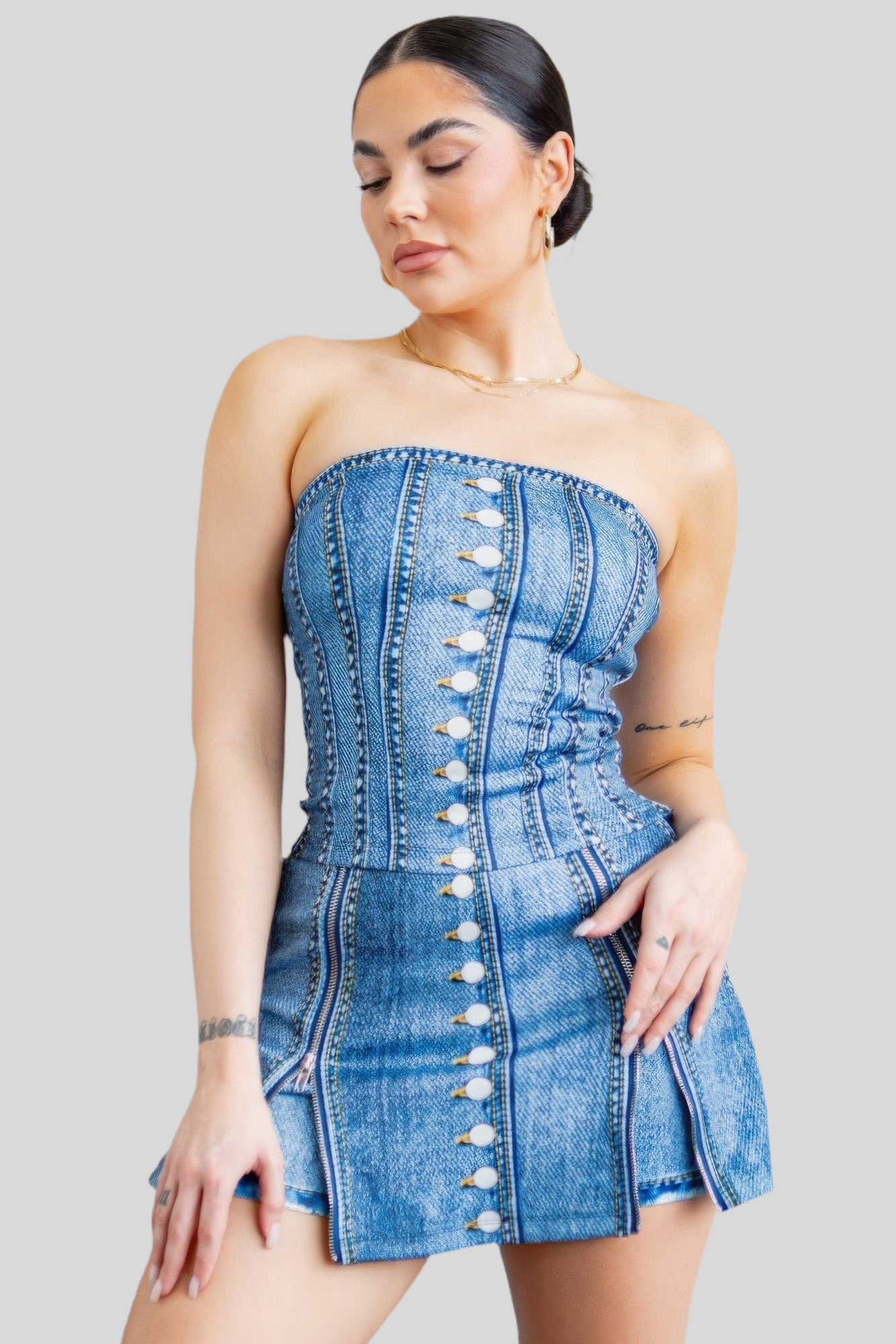 Denim Effect Corset Top & Bottom Set