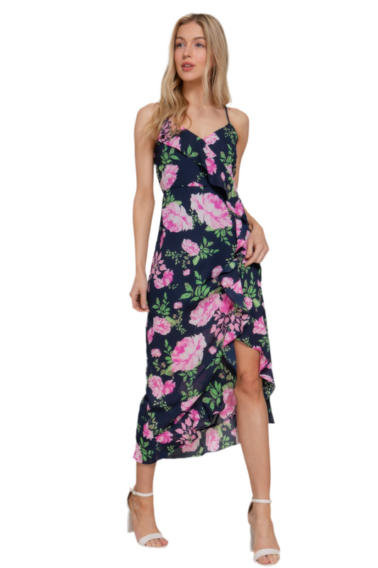 Floral Print Ruffle Slip Midi Dress ~2 Colors