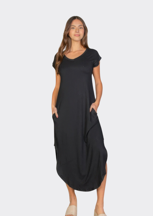 Hidden Pocket Batwing Sleeve V Neck Long Dress