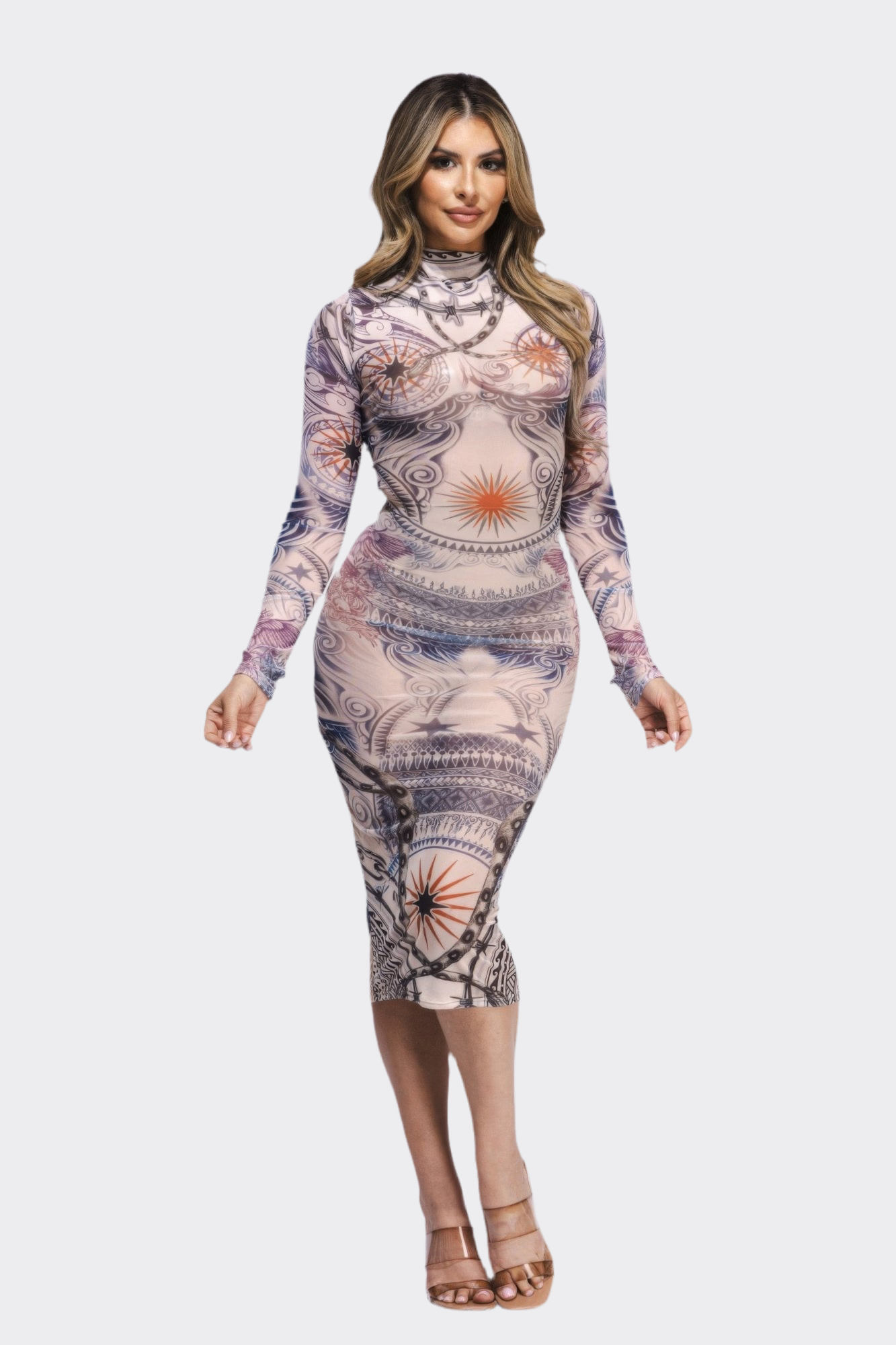 Tattoo Body Print Mesh Midi Dress