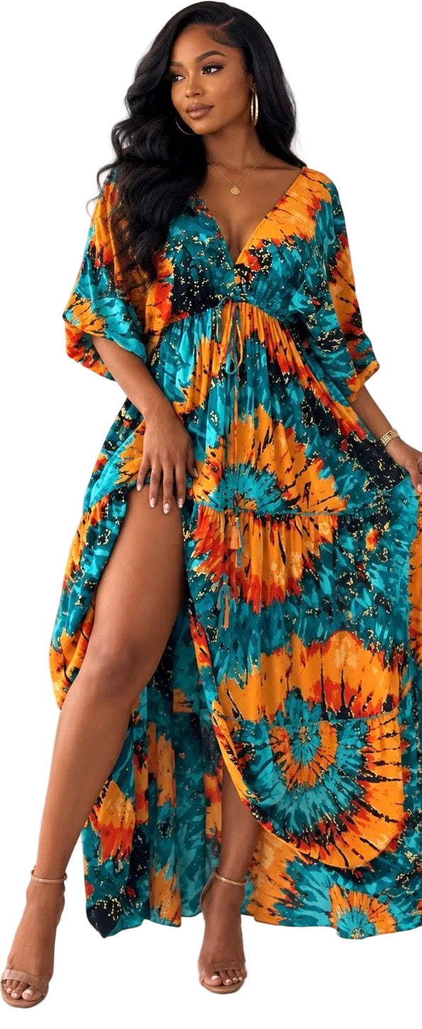 Printed V-Neck Balloon Sleeve Slit Maxi Dress
