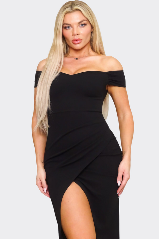 Off Shoulder Techno Crepe Midi Dress