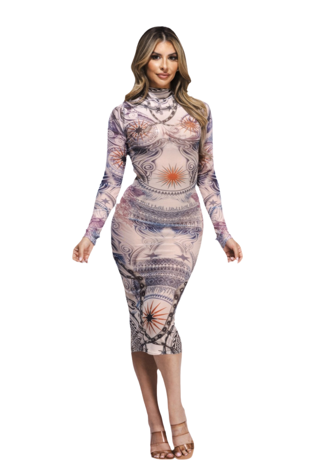 Tattoo Body Print Mesh Midi Dress