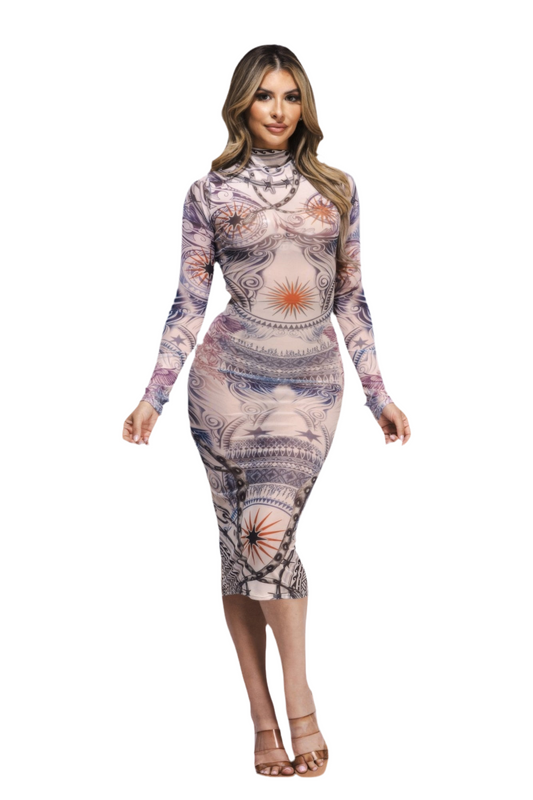 Tattoo Body Print Mesh Midi Dress