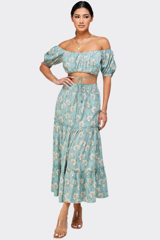 Floral Off Shoulder Sleeve Back Tie Top Skirt Set