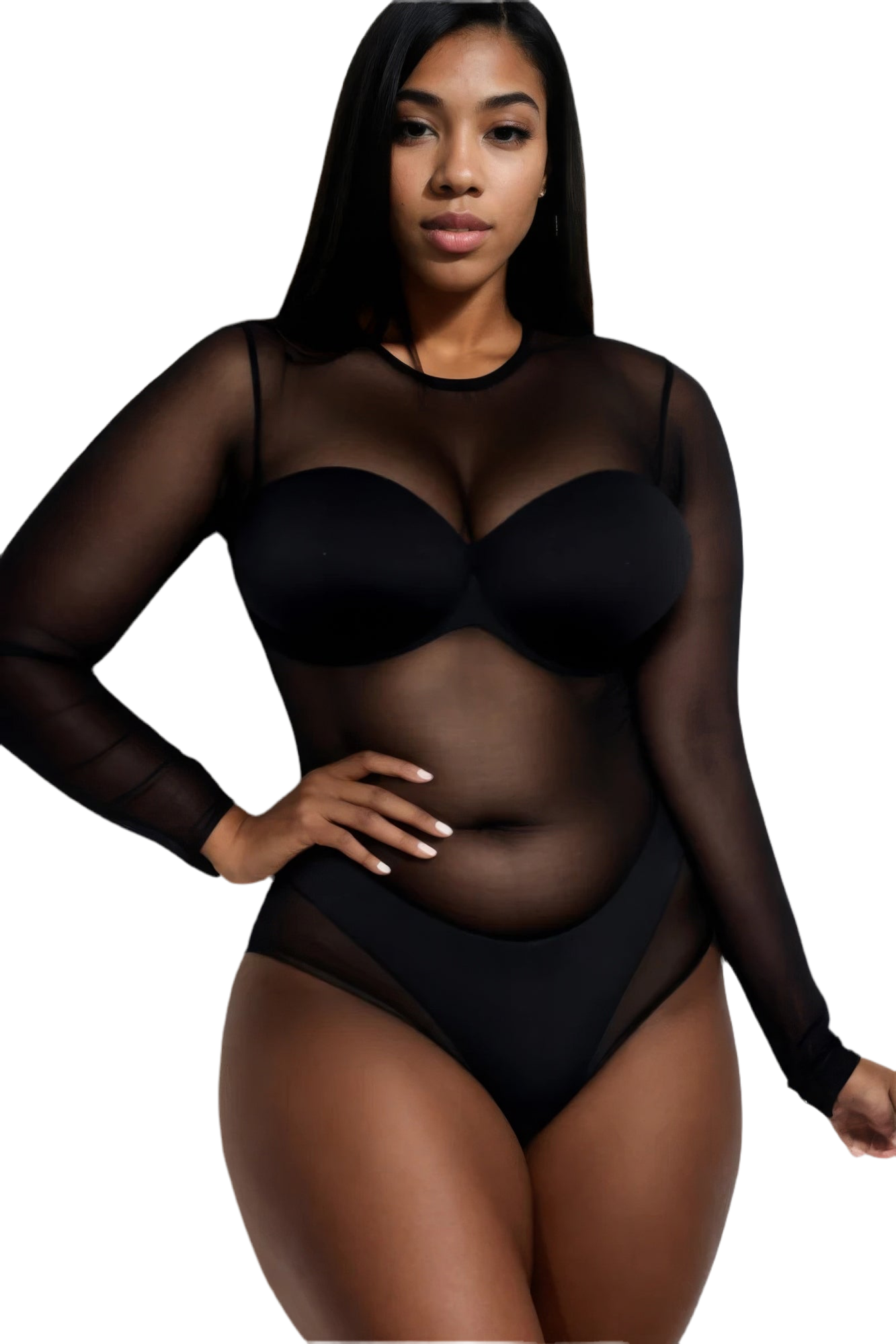 Plus Size Sexy Sheer Mesh Long Sleeve Bodysuit