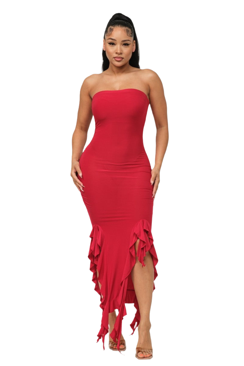 Solid Bottom Ruffle Trim Hem Slit Tube Maxi Dress ~ 3 Colors