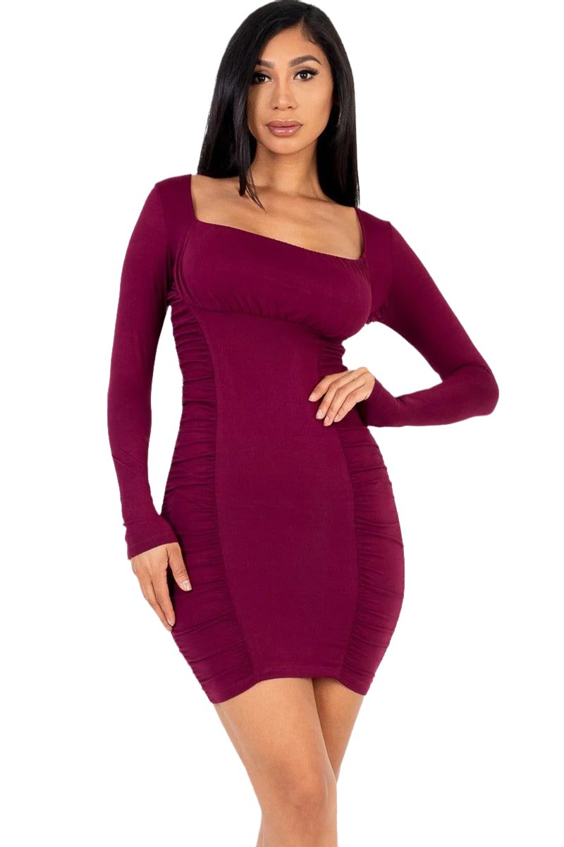 U-neck long sleeve ruched bodycon mini dress ~ 4 Colors