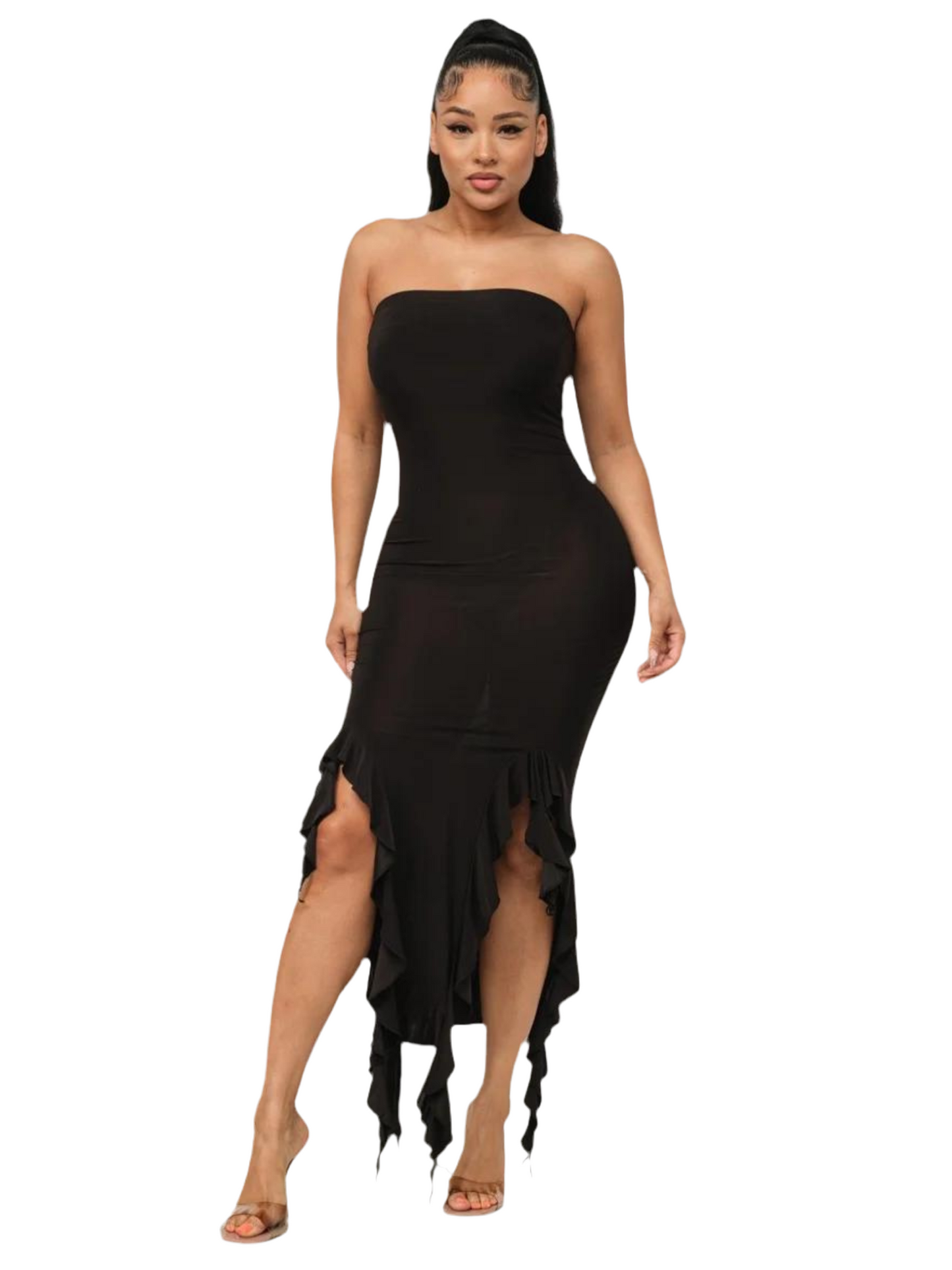 Solid Bottom Ruffle Trim Hem Slit Tube Maxi Dress ~ 3 Colors