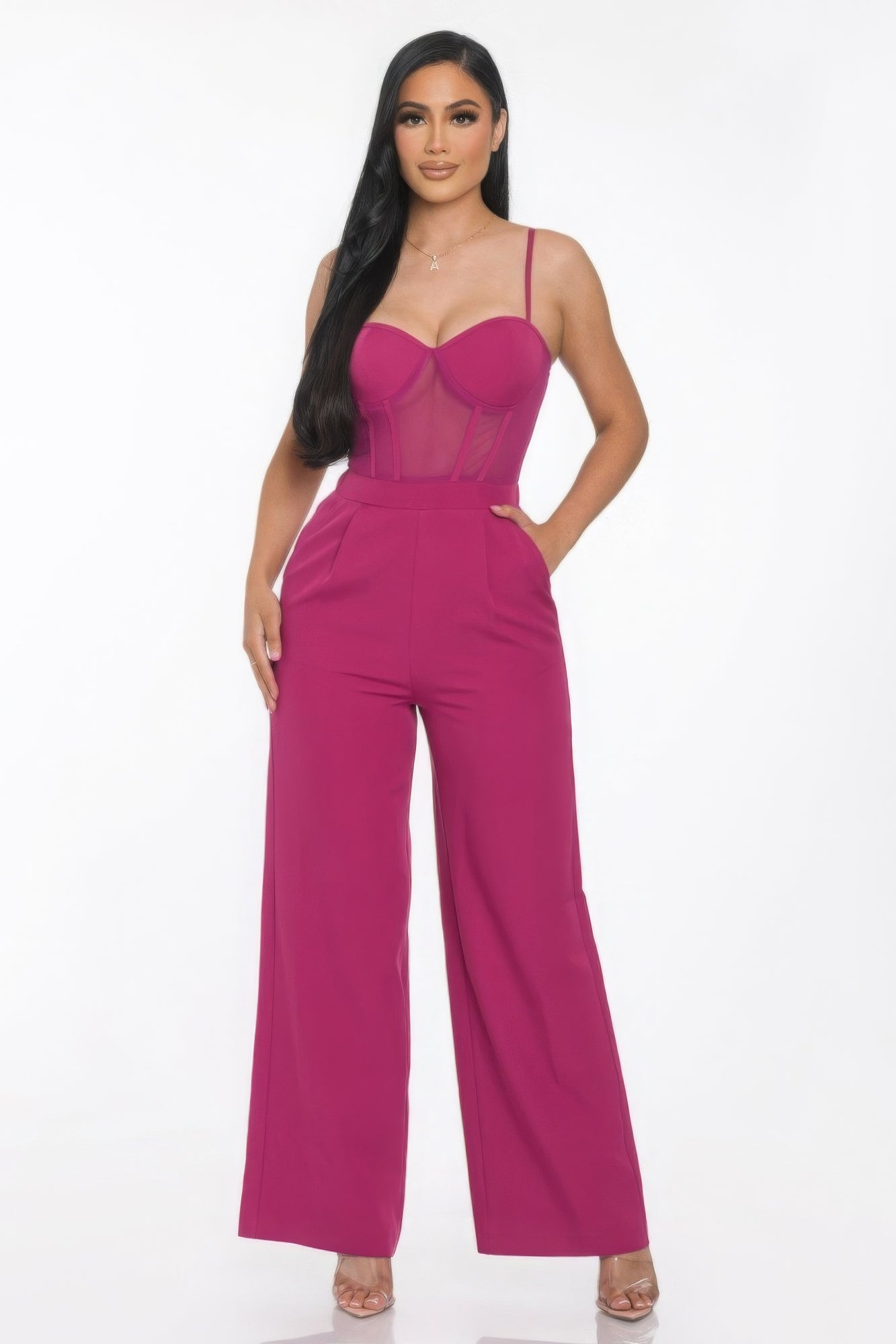 Mesh Insert Cup Wide Leg Jumpsuit ~ 2 Colors