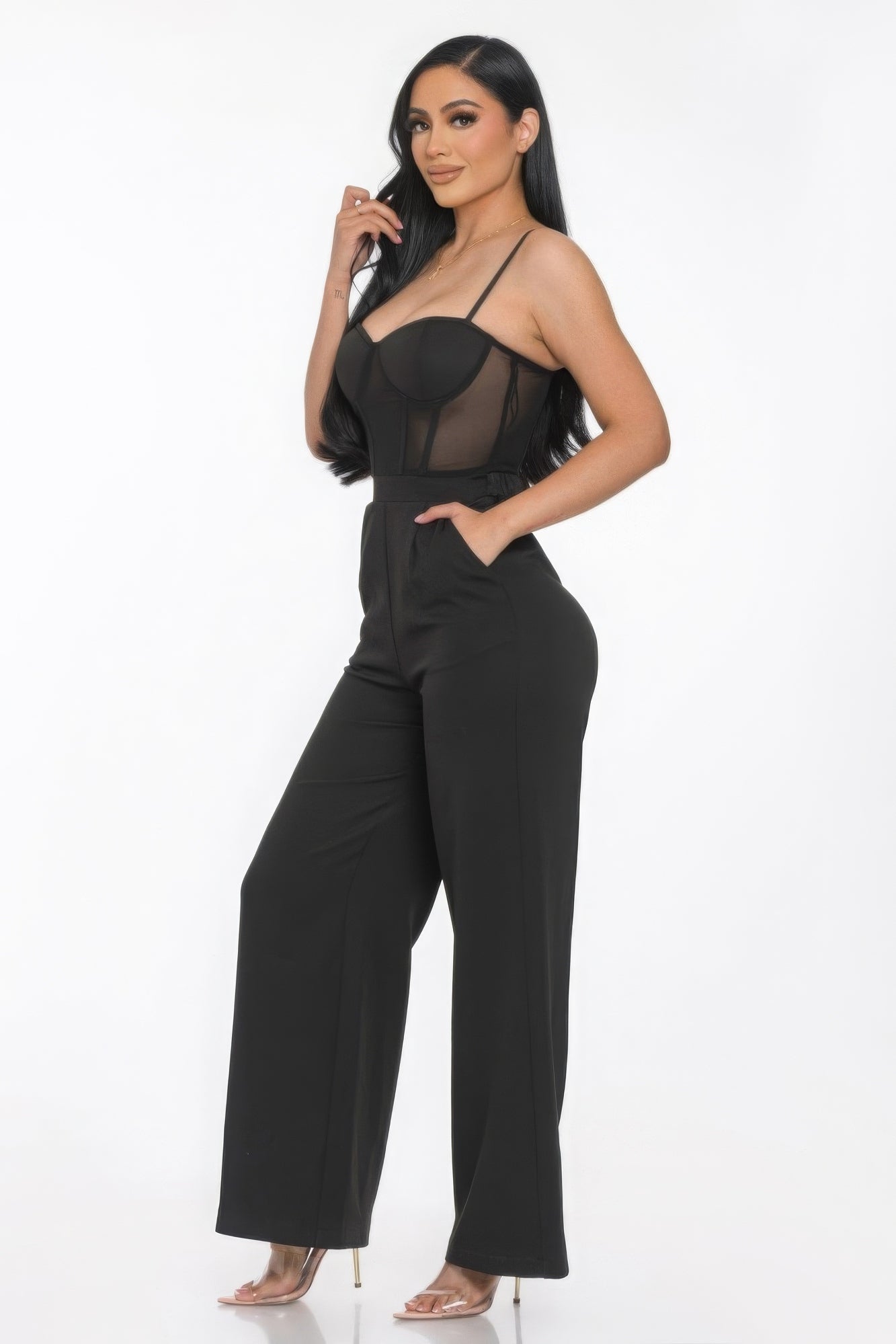 Mesh Insert Cup Wide Leg Jumpsuit ~ 2 Colors