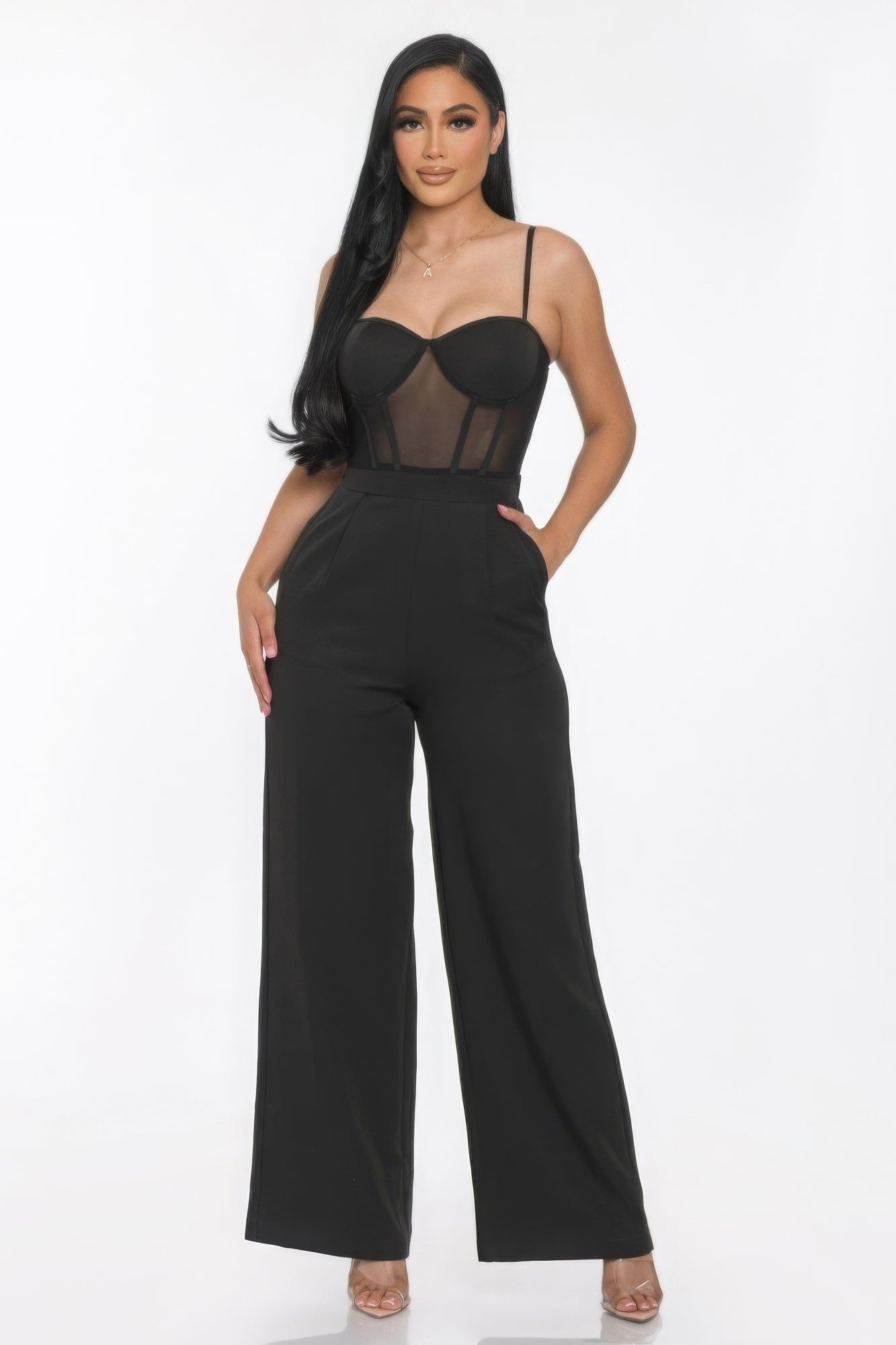 Mesh Insert Cup Wide Leg Jumpsuit ~ 2 Colors