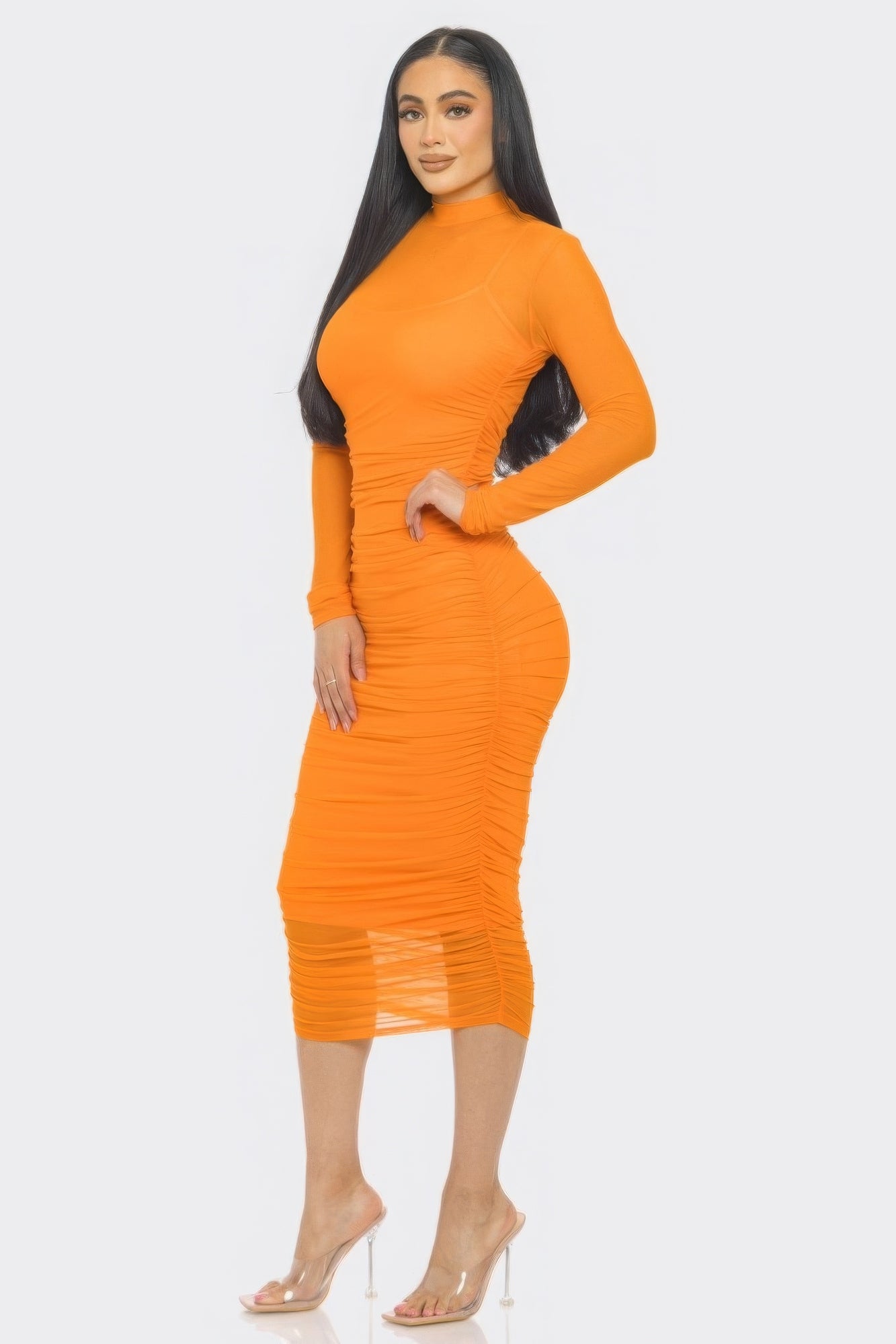 Solid Mesh Ruched Midi Dress~ 3 Colors