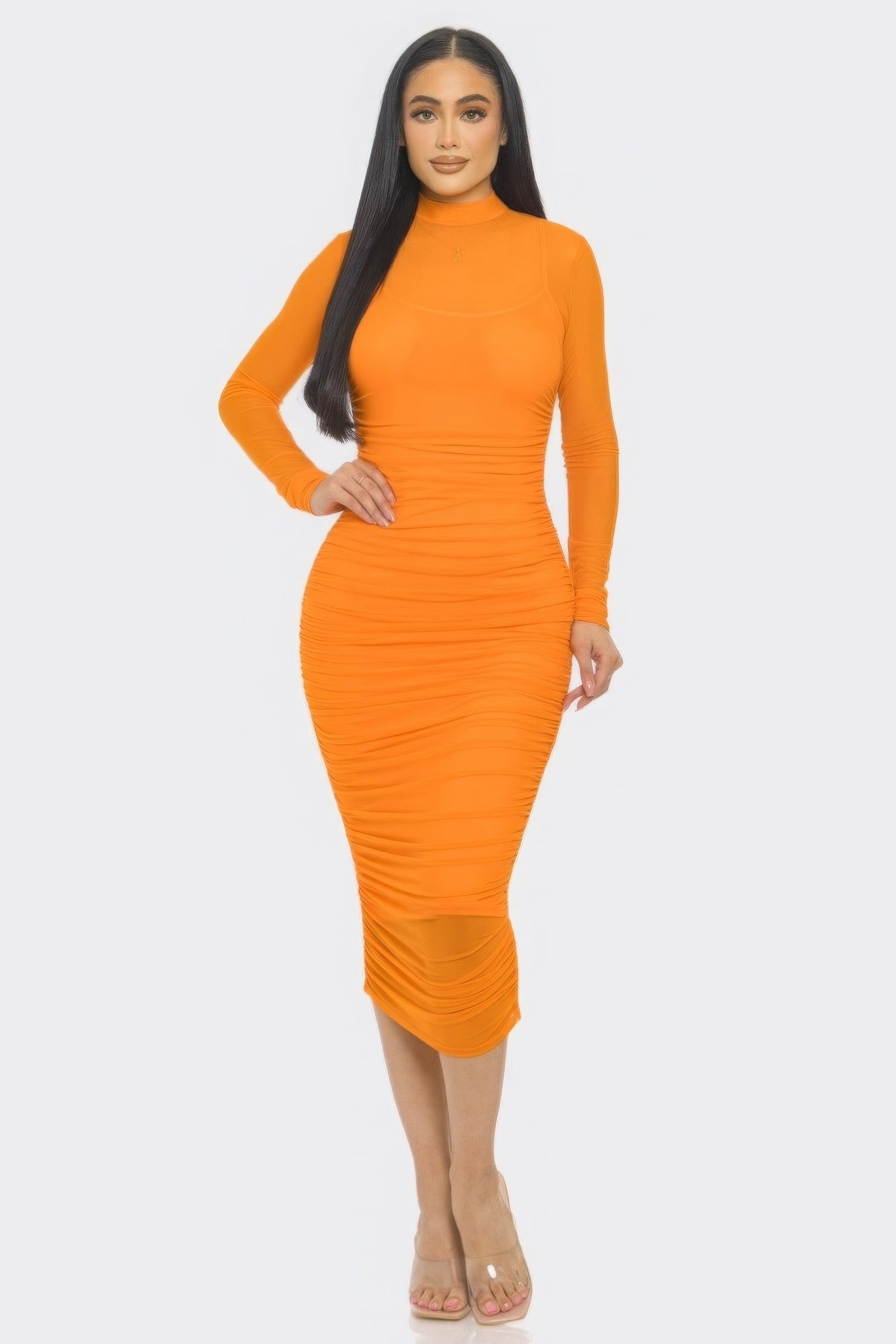 Solid Mesh Ruched Midi Dress~ 3 Colors