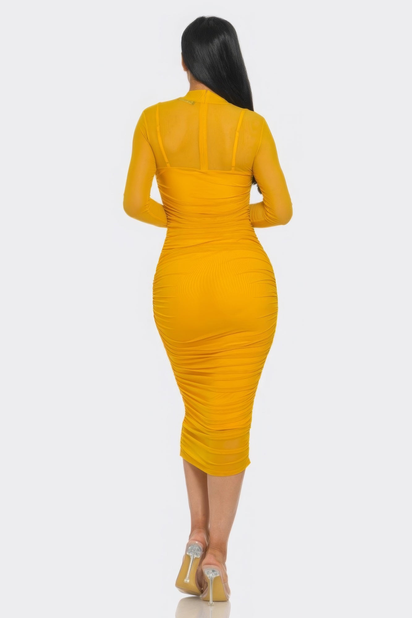 Solid Mesh Ruched Midi Dress~ 3 Colors