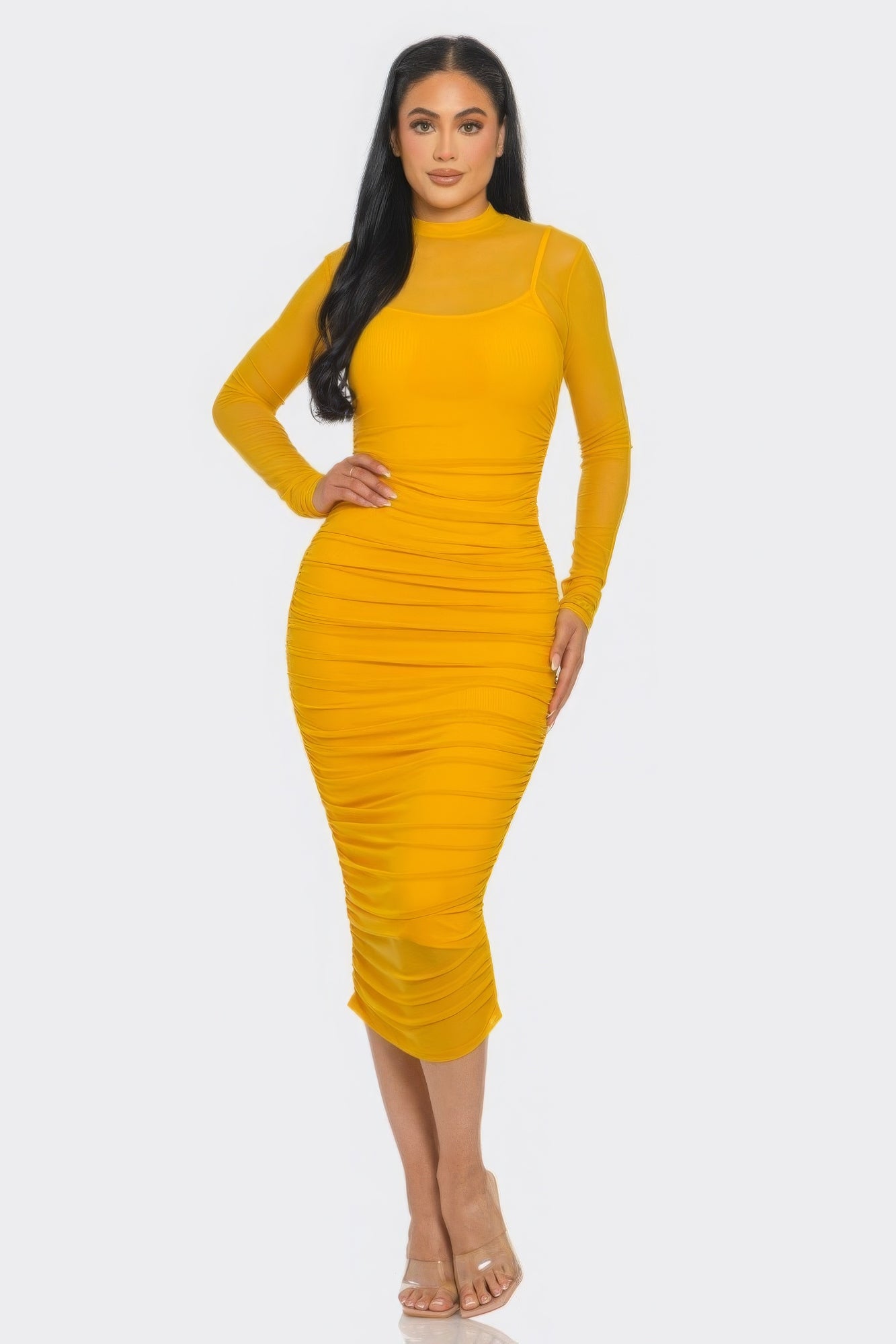 Solid Mesh Ruched Midi Dress~ 3 Colors