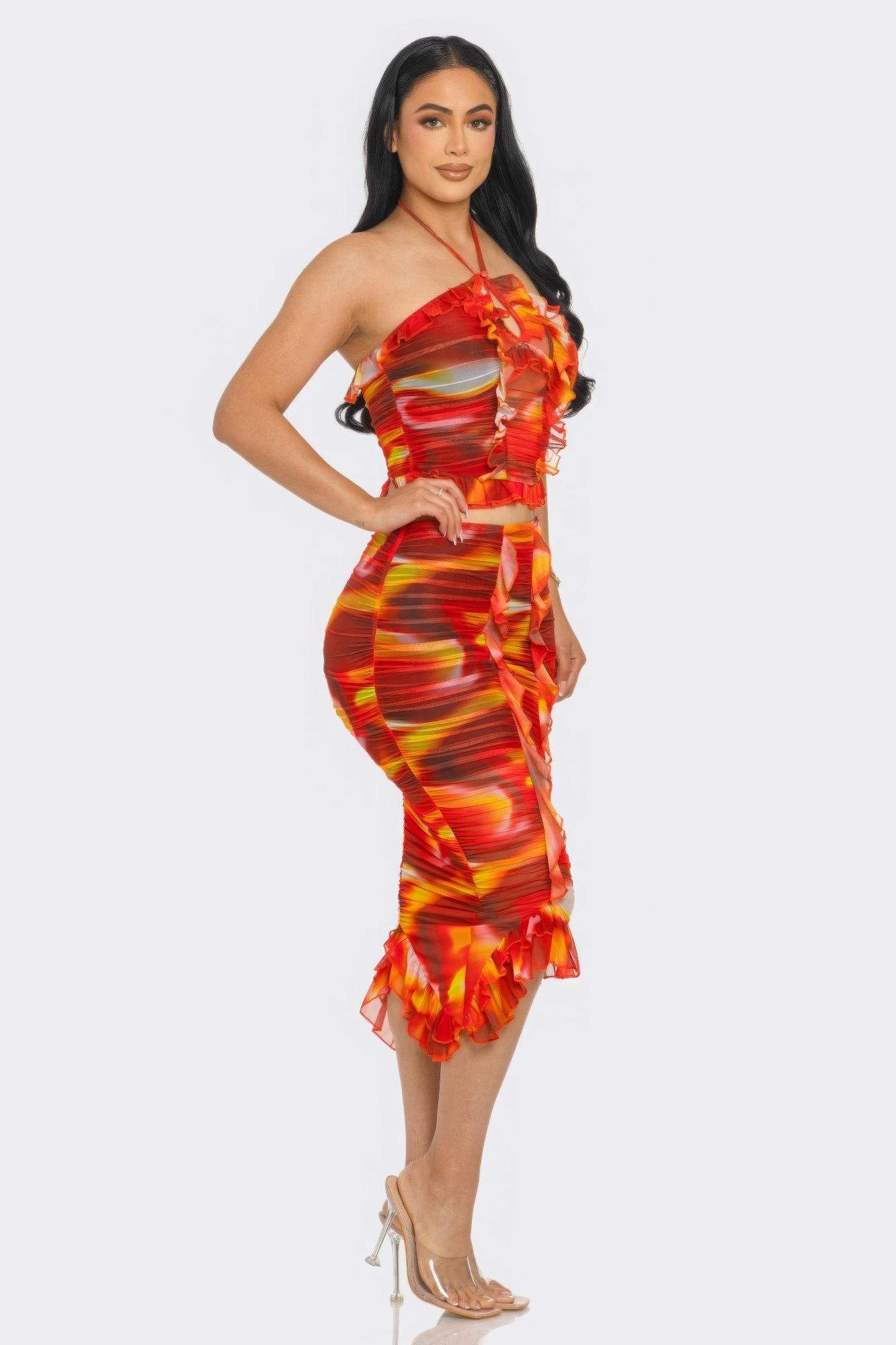 Tropical Waters Print Mesh Ruffle Halter Skirt Set ~ 2 Colors