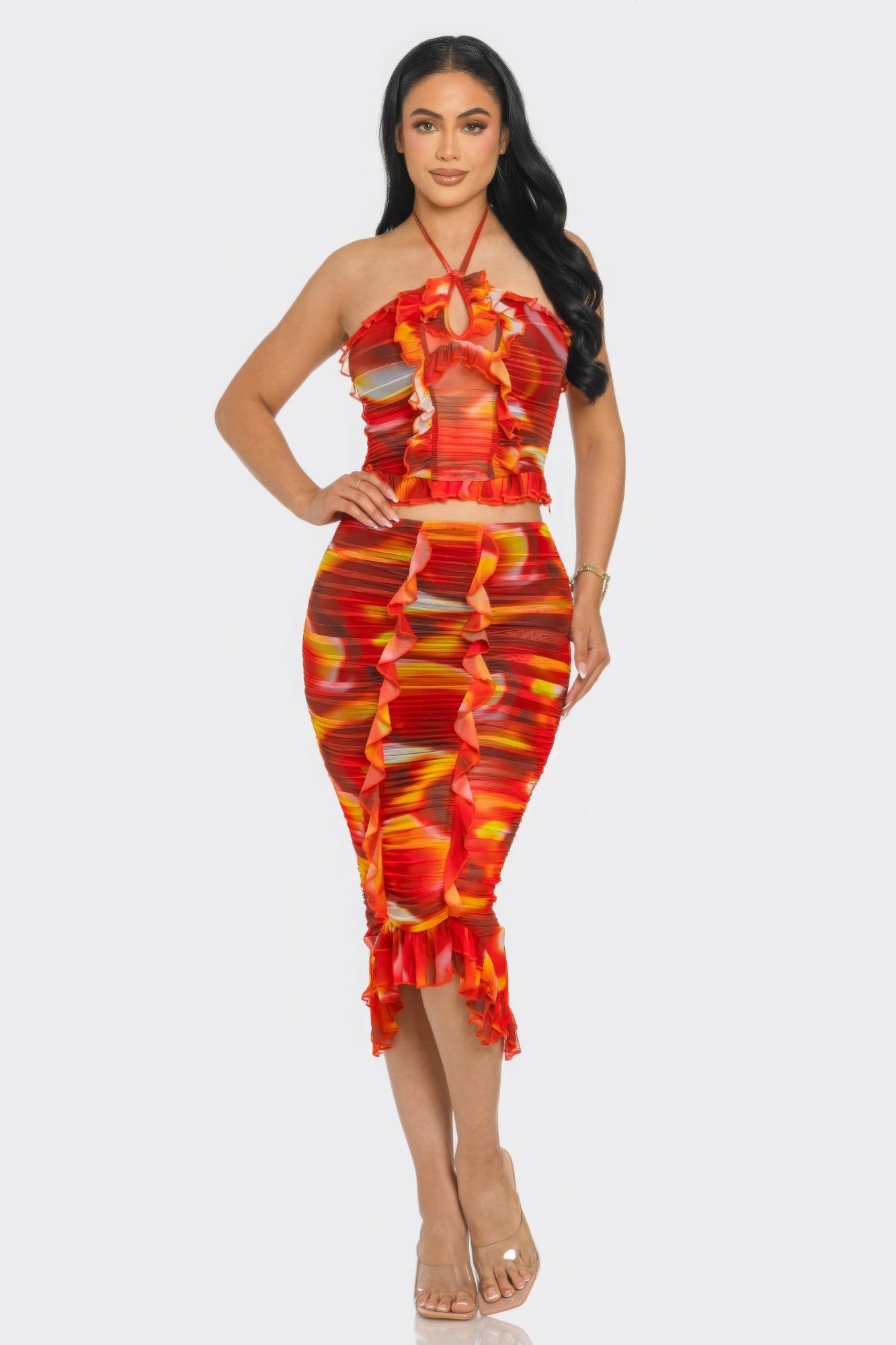 Tropical Waters Print Mesh Ruffle Halter Skirt Set ~ 2 Colors