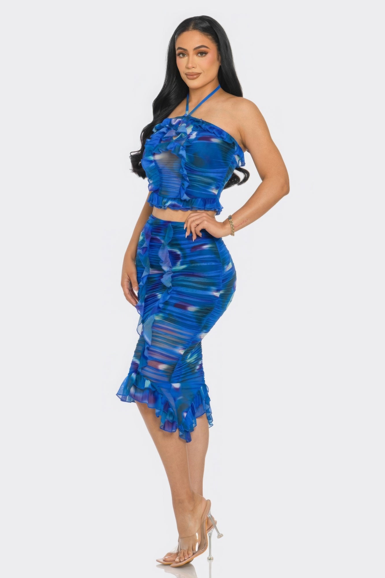 Tropical Waters Print Mesh Ruffle Halter Skirt Set ~ 2 Colors