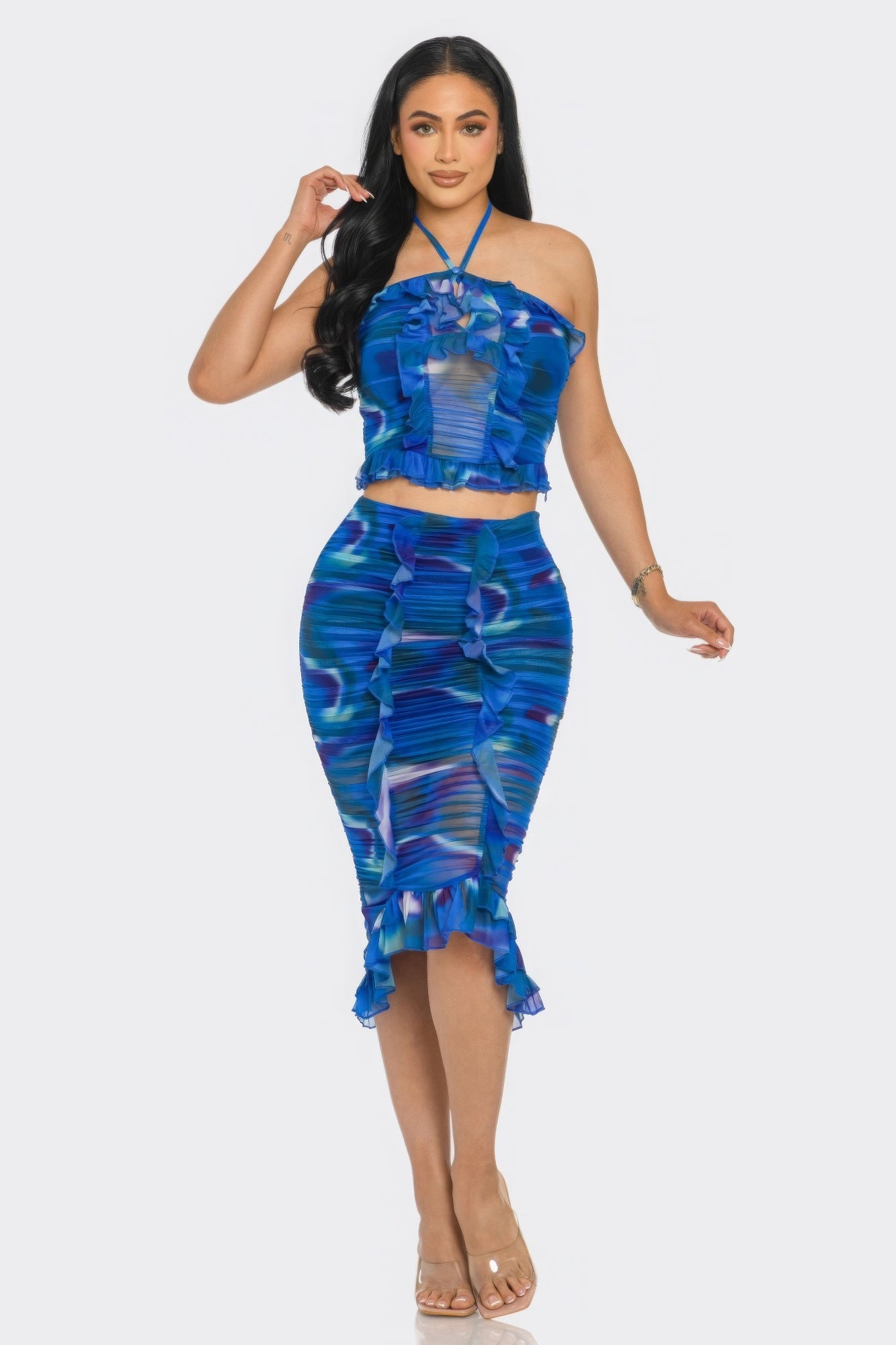 Tropical Waters Print Mesh Ruffle Halter Skirt Set ~ 2 Colors