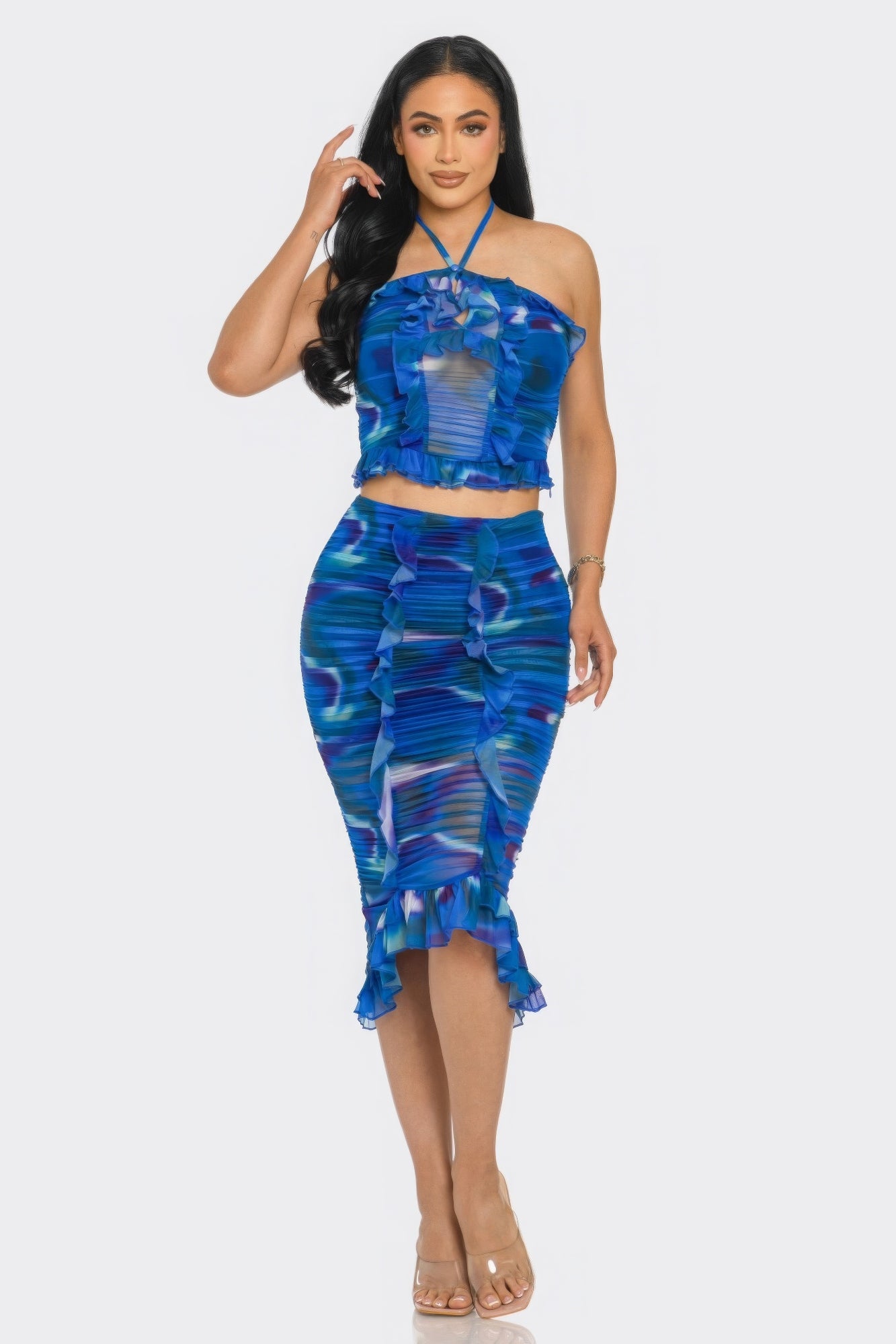 Tropical Waters Print Mesh Ruffle Halter Skirt Set ~ 2 Colors