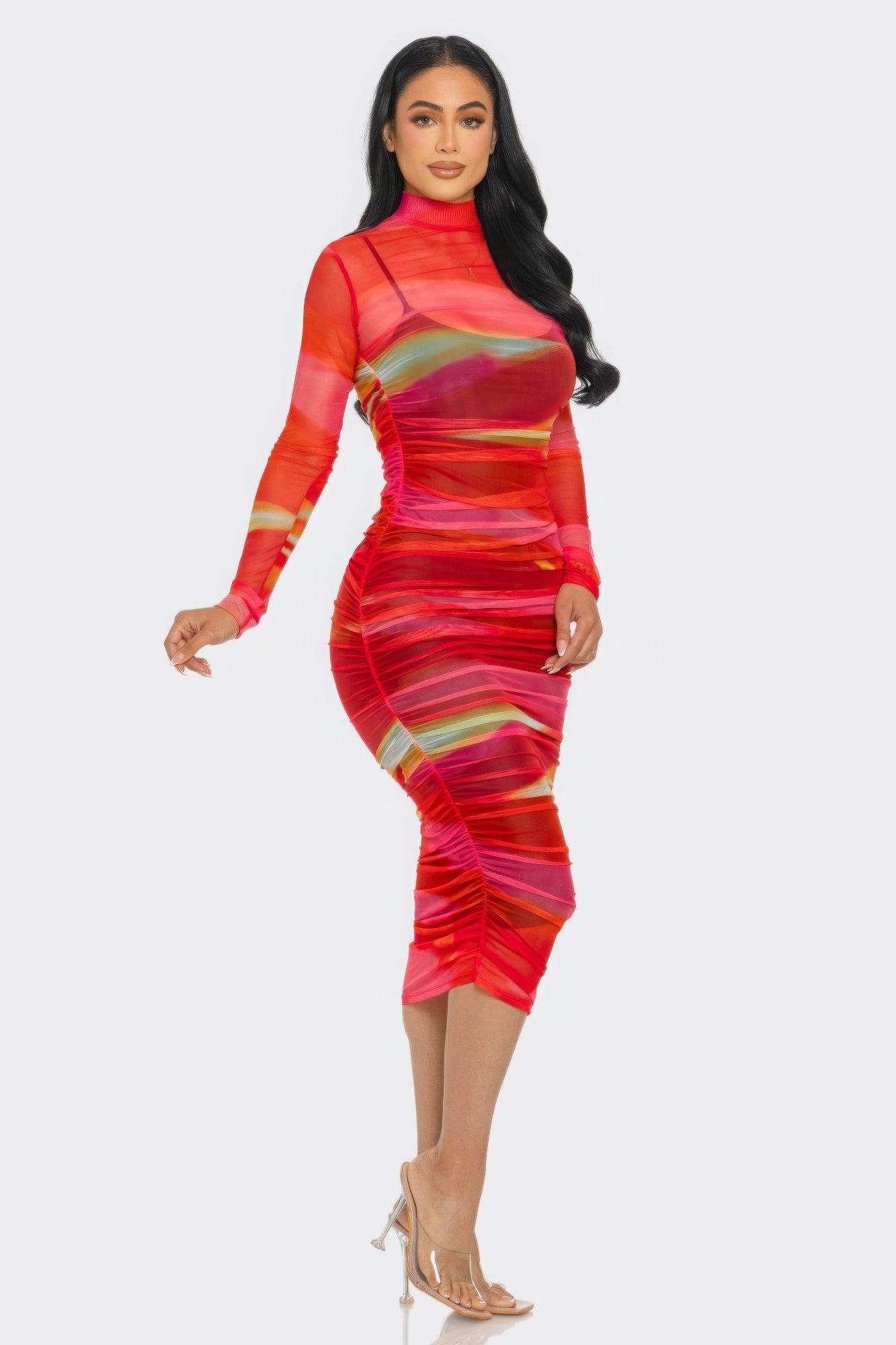 Glitch Print Mesh Ruched Midi Dress ~ 2 Colors