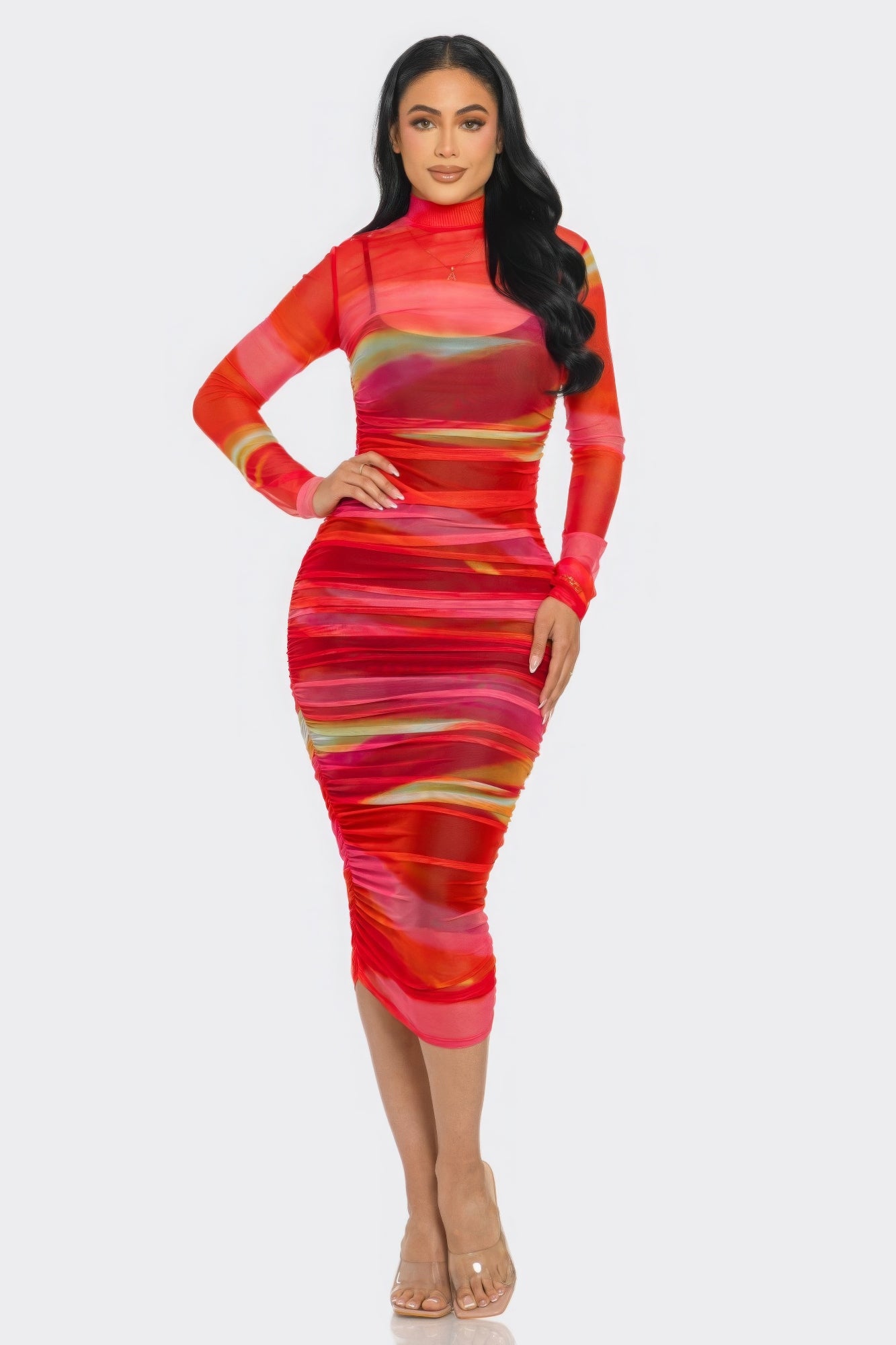 Glitch Print Mesh Ruched Midi Dress ~ 2 Colors