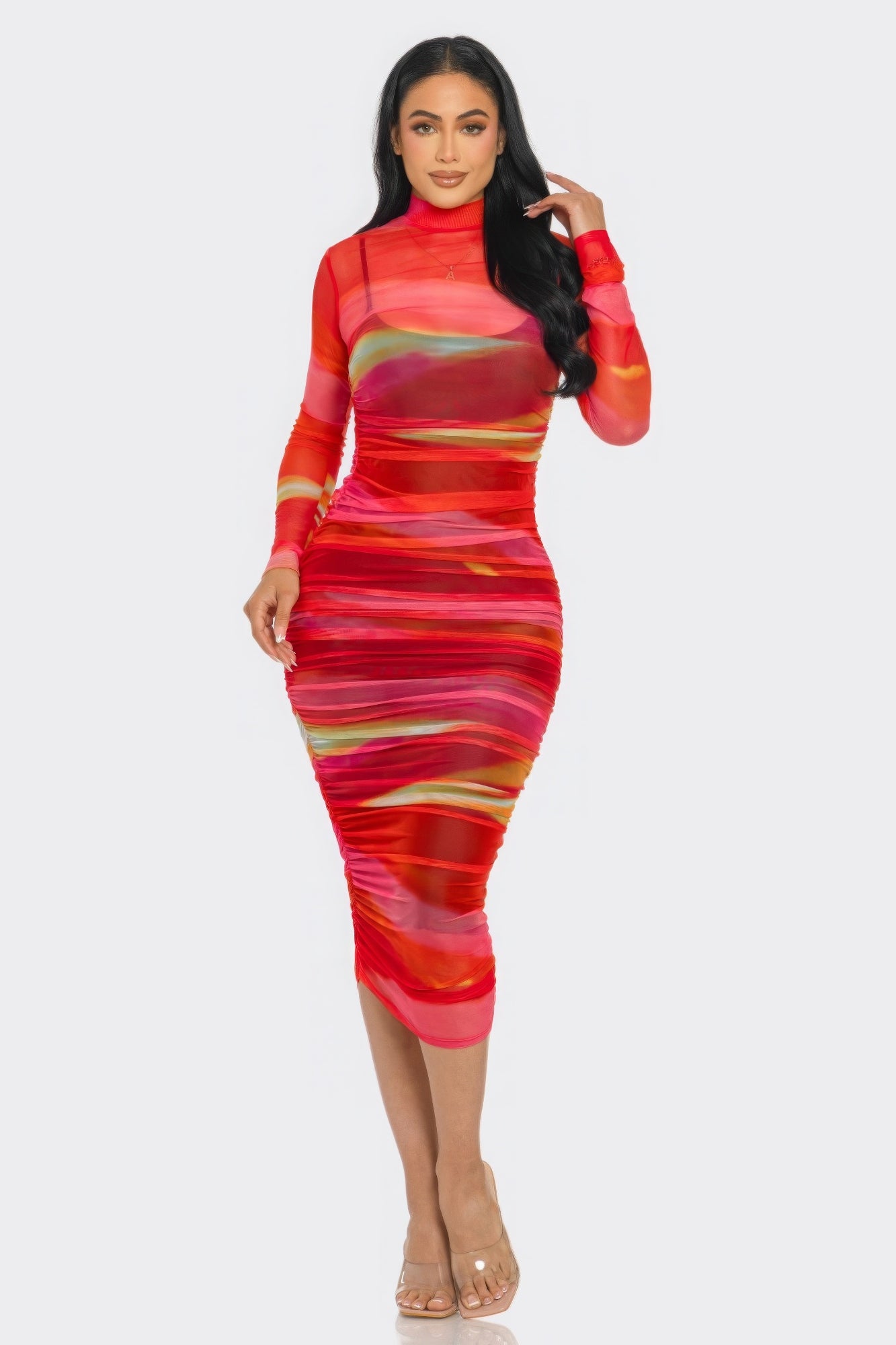 Glitch Print Mesh Ruched Midi Dress ~ 2 Colors