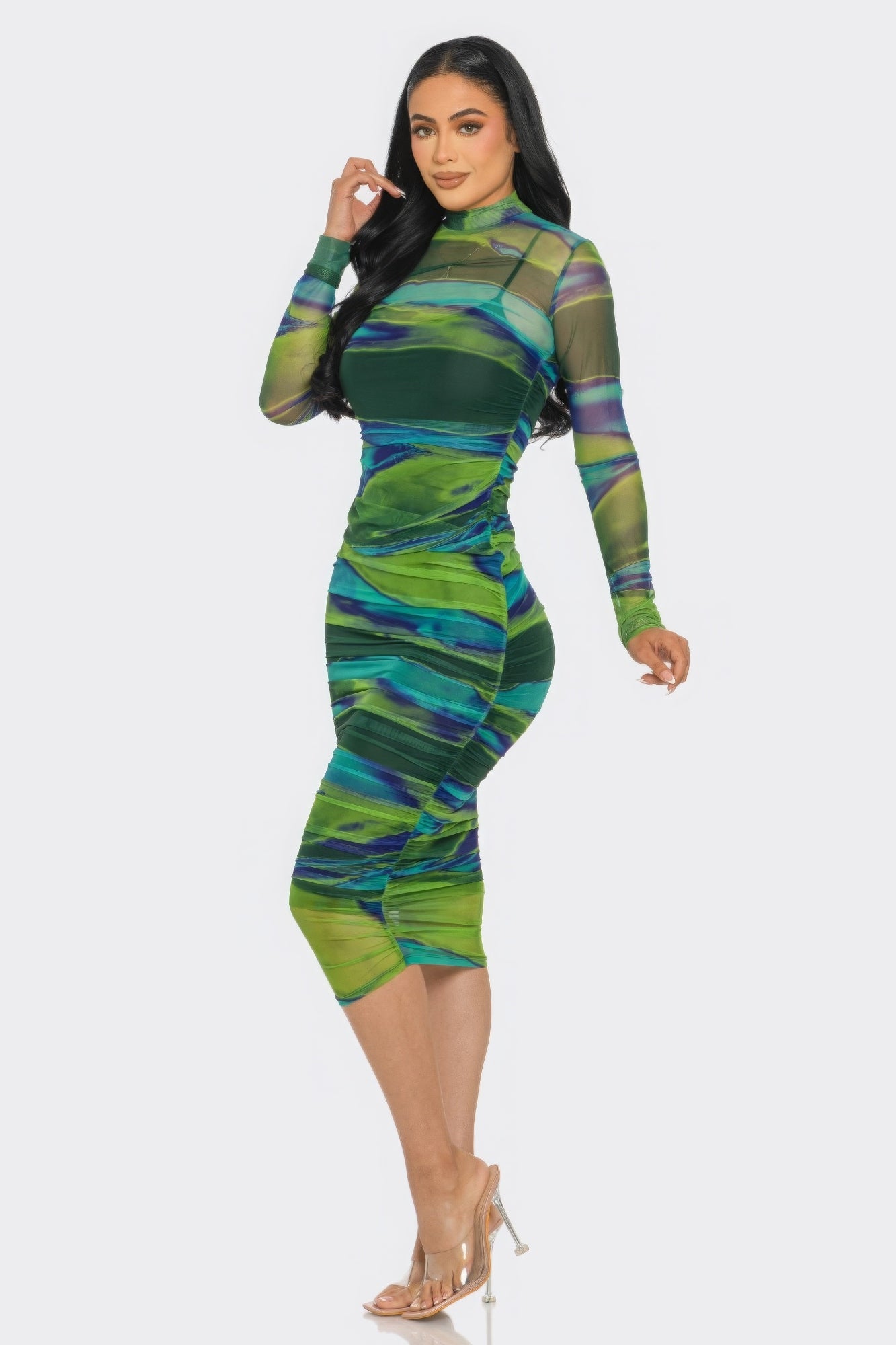 Glitch Print Mesh Ruched Midi Dress ~ 2 Colors