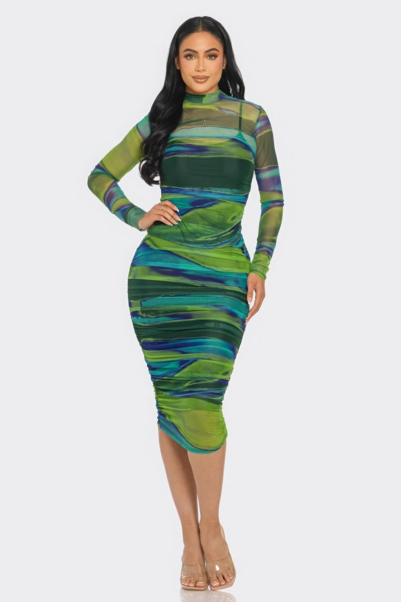 Glitch Print Mesh Ruched Midi Dress ~ 2 Colors