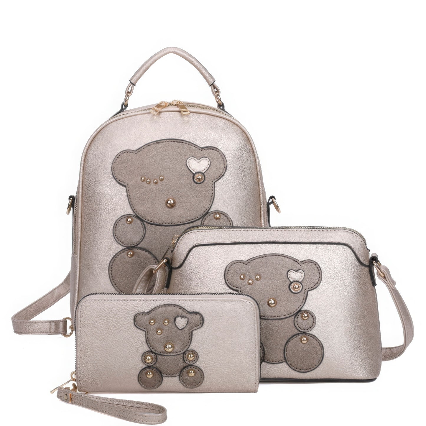 3in1 Cute Bear Design Handle Backpack W Crossbody And Wallet Set~7 Colors