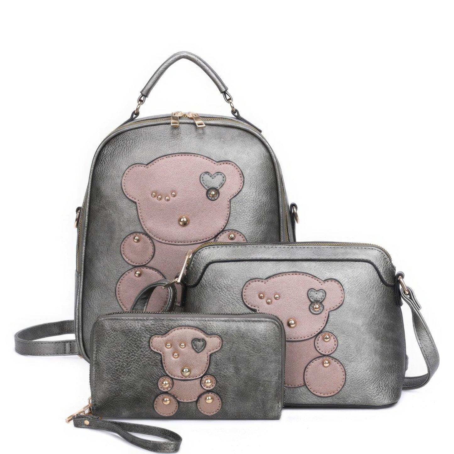 3in1 Cute Bear Design Handle Backpack W Crossbody And Wallet Set~7 Colors