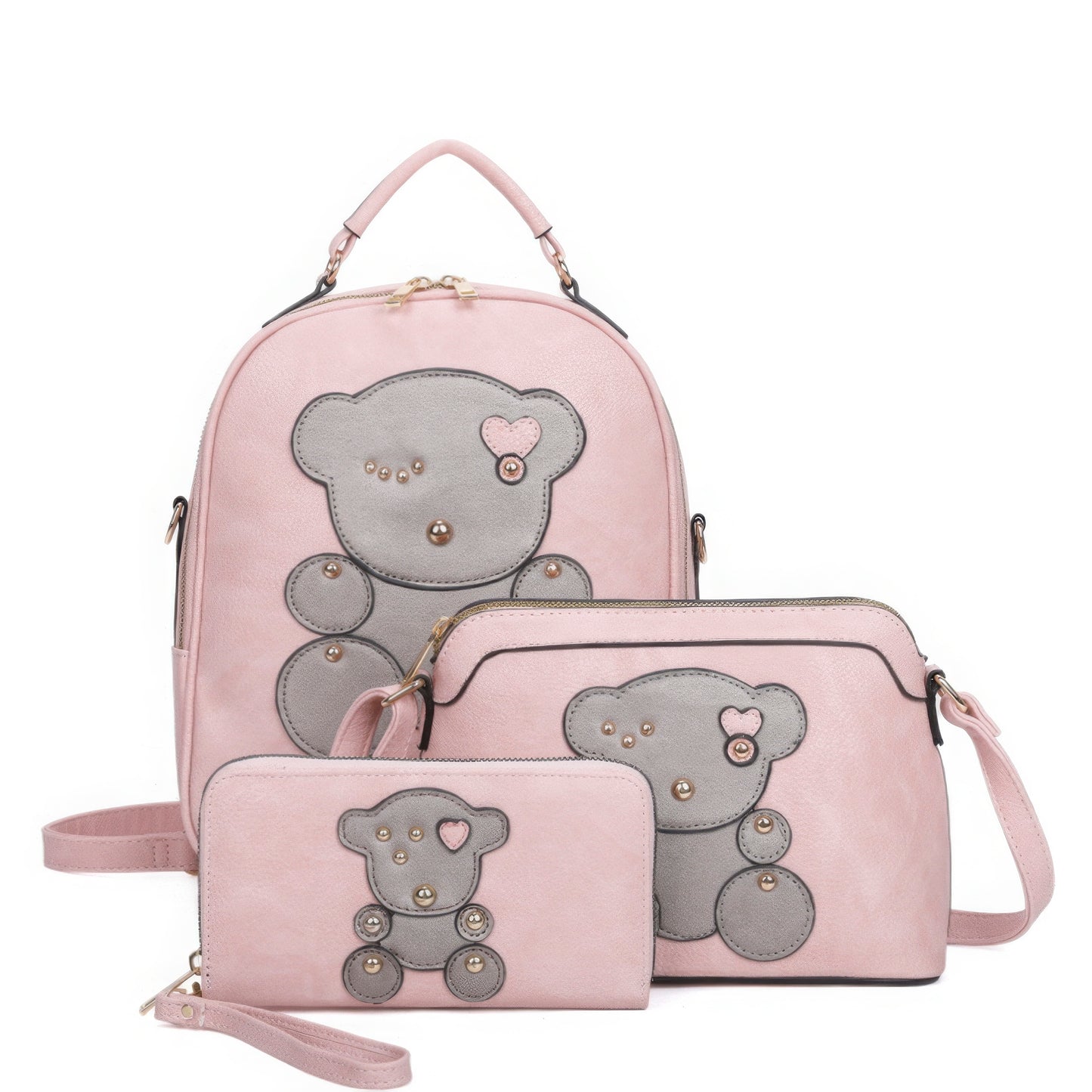 3in1 Cute Bear Design Handle Backpack W Crossbody And Wallet Set~7 Colors