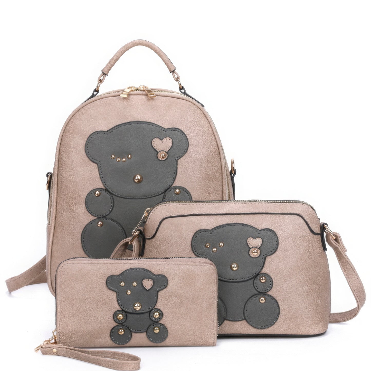 3in1 Cute Bear Design Handle Backpack W Crossbody And Wallet Set~7 Colors