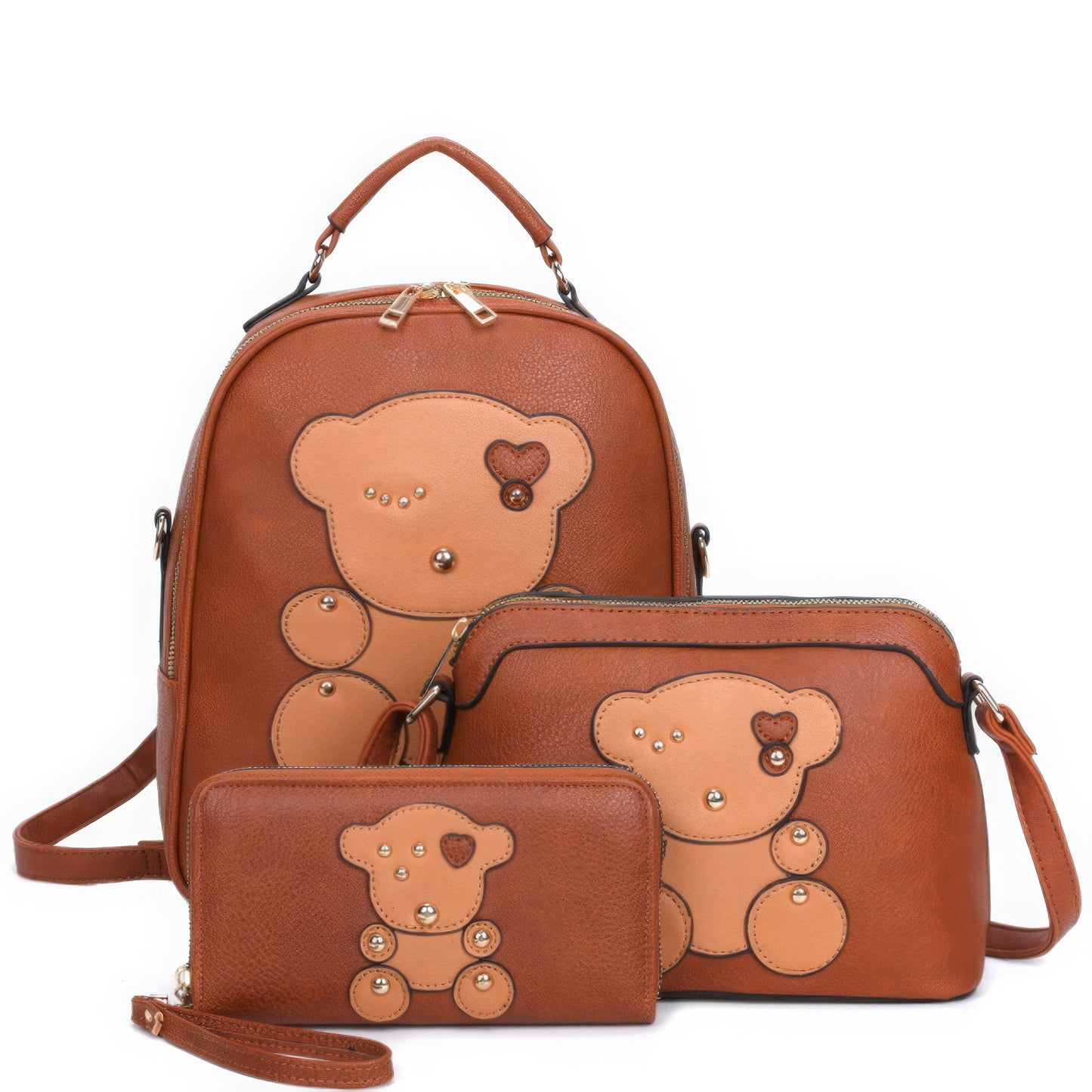 3in1 Cute Bear Design Handle Backpack W Crossbody And Wallet Set~7 Colors