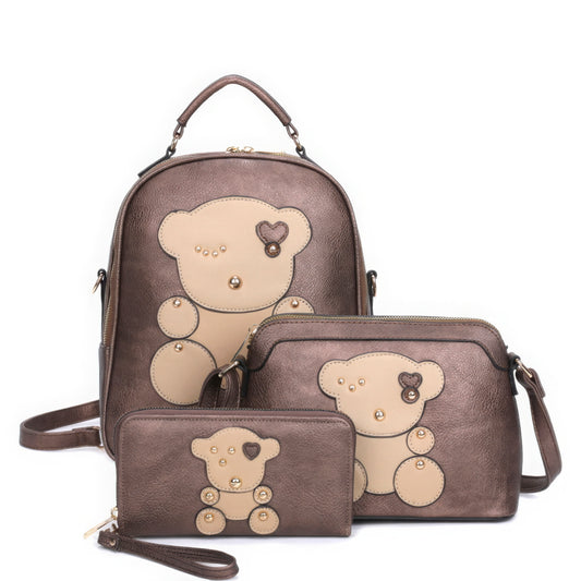 3in1 Cute Bear Design Handle Backpack W Crossbody And Wallet Set~7 Colors