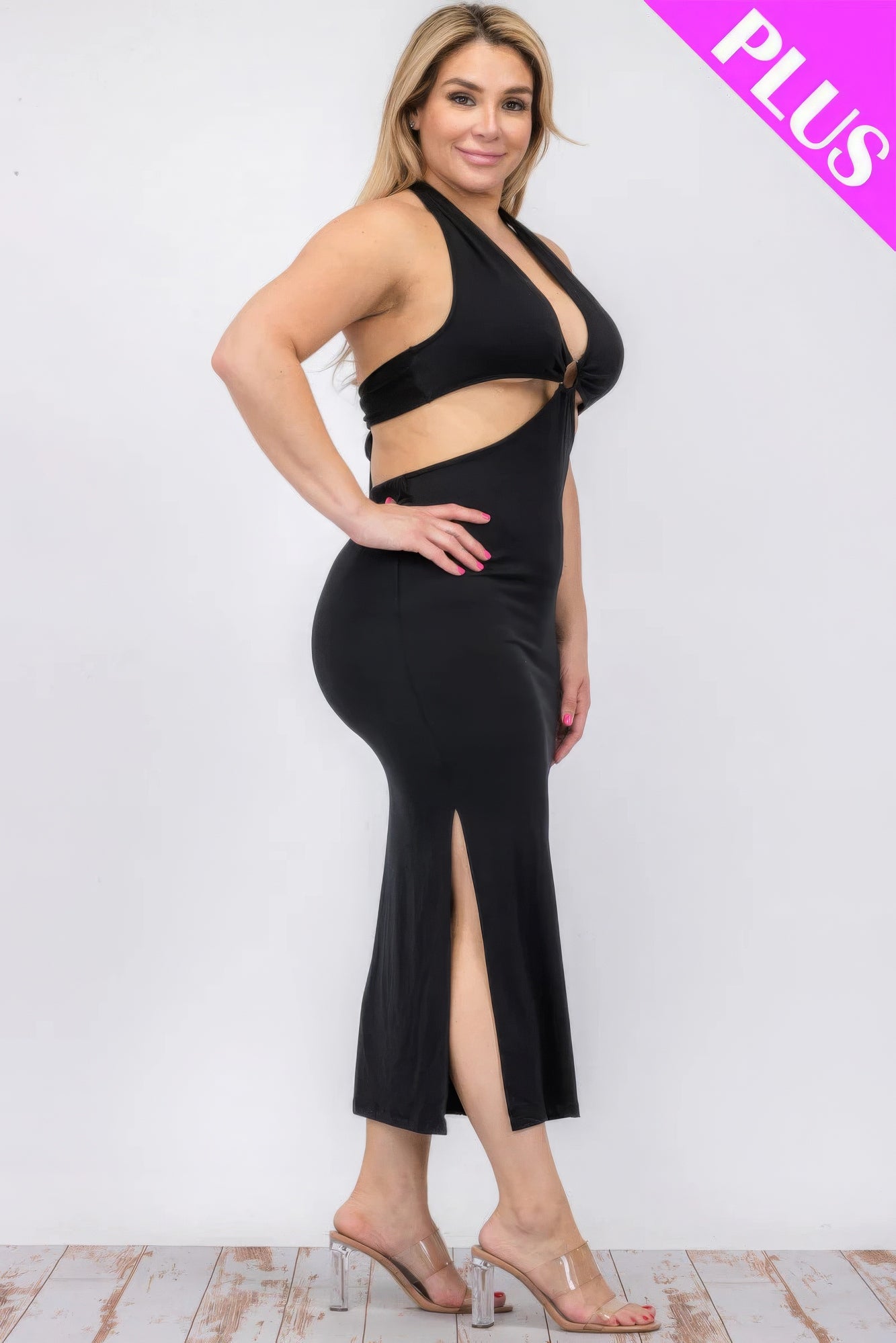 Plus Size Cut-out Halter Neck Double Back Tie Split Thigh Midi Dress ~ 6 Colors