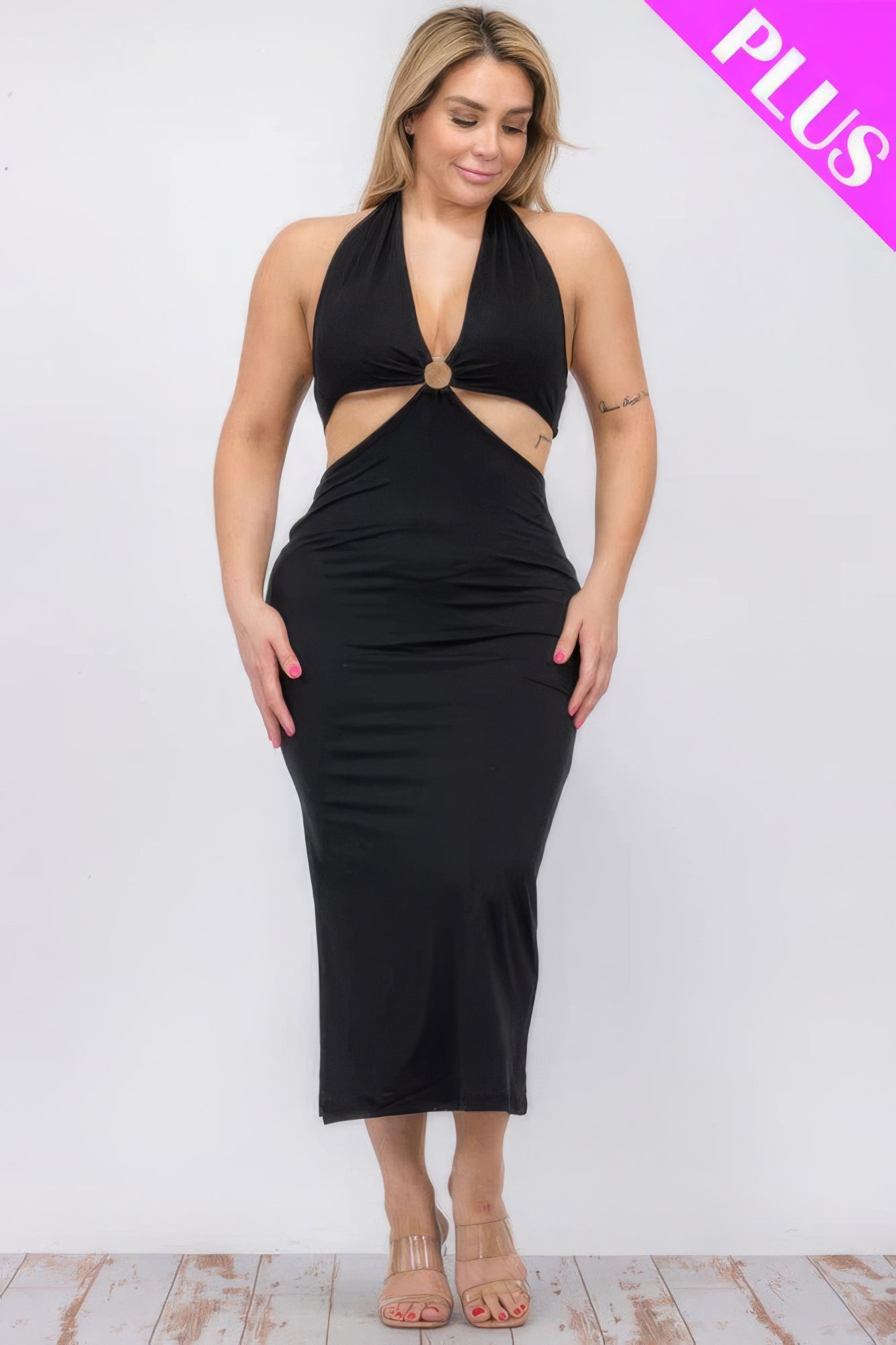 Plus Size Cut-out Halter Neck Double Back Tie Split Thigh Midi Dress ~ 6 Colors