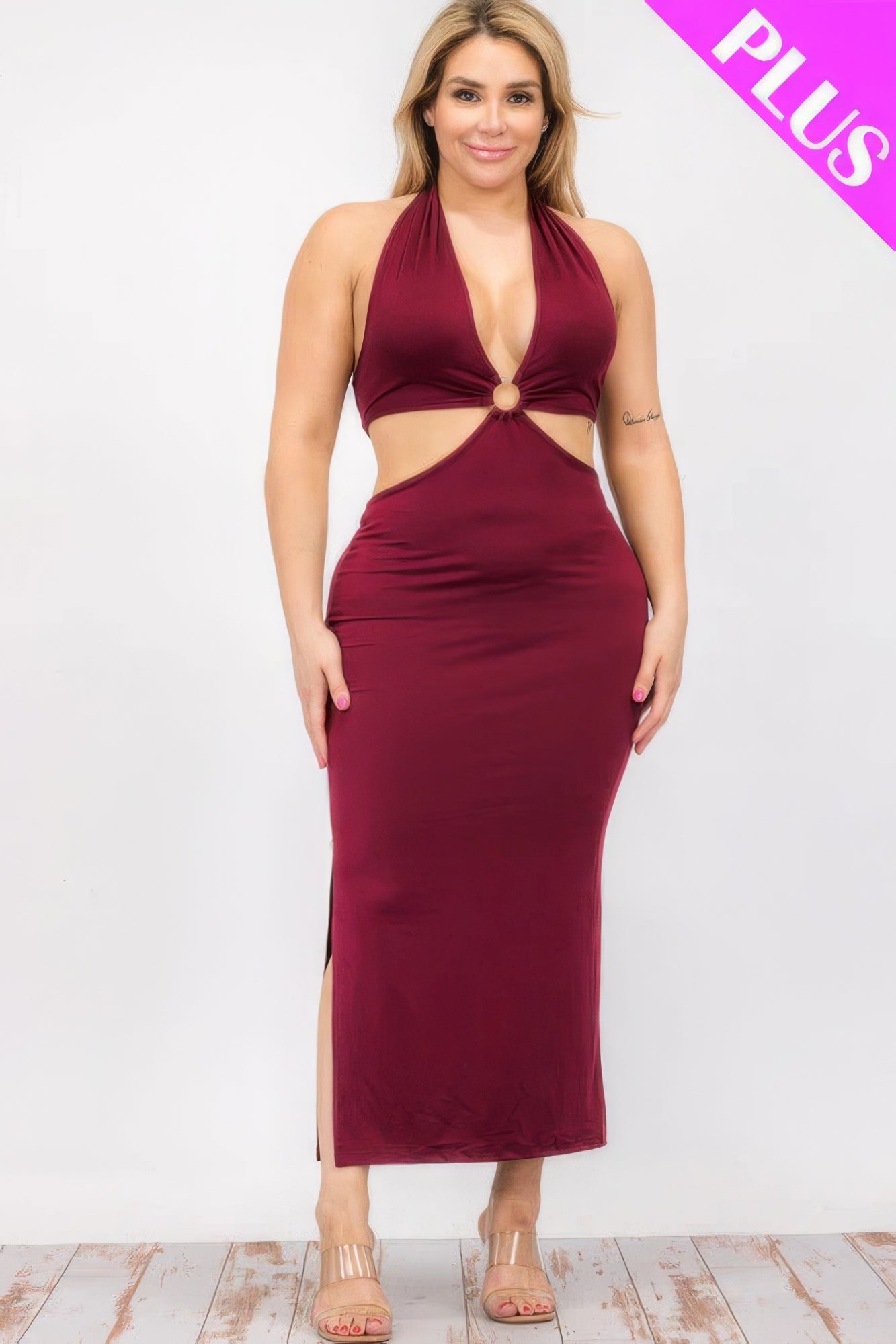 Plus Size Cut-out Halter Neck Double Back Tie Split Thigh Midi Dress ~ 6 Colors