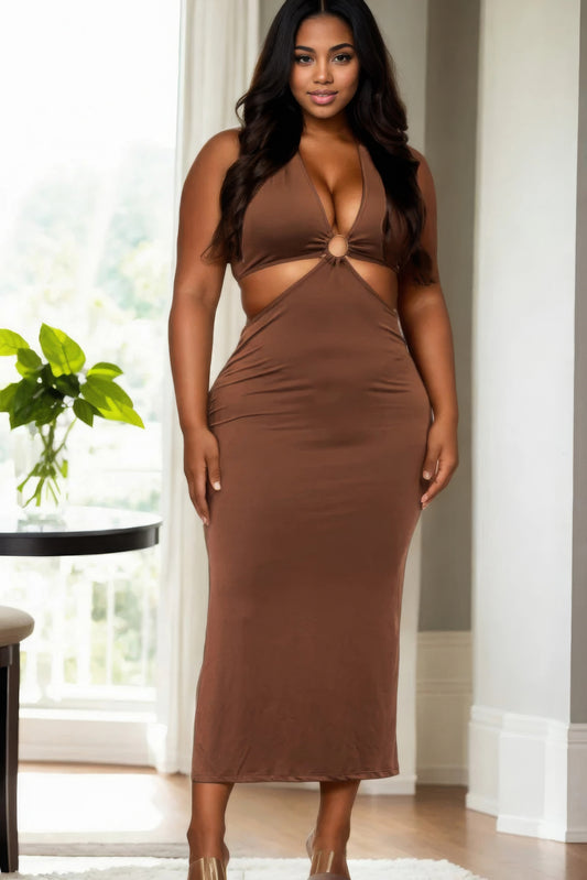 Plus Size Cut-out Halter Neck Double Back Tie Split Thigh Midi Dress ~ 6 Colors